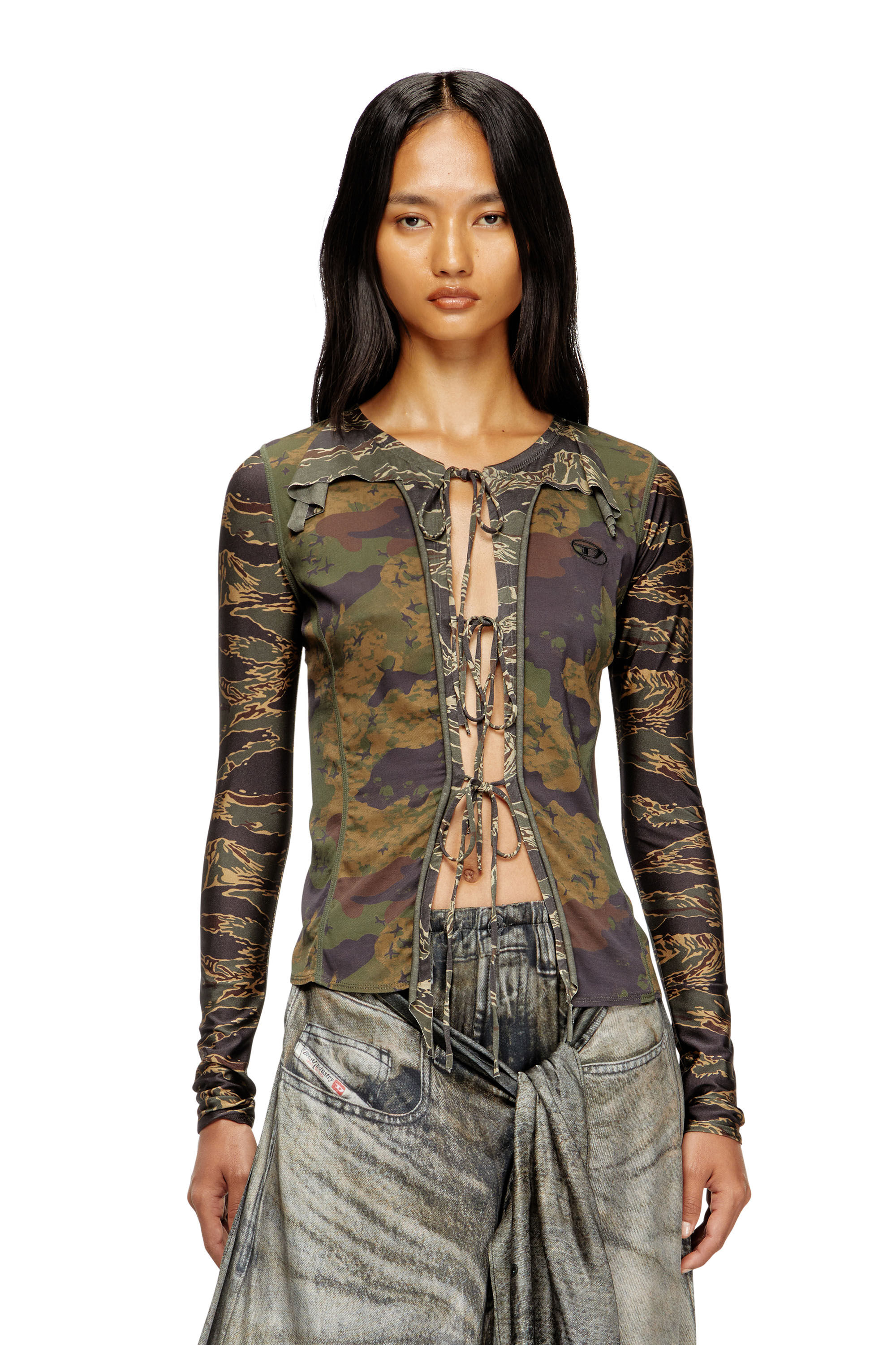 Diesel - T-AFRY, Damen Cardi­gan zum Binden mit gemischten Camo-Prints in Armeegrün - 3