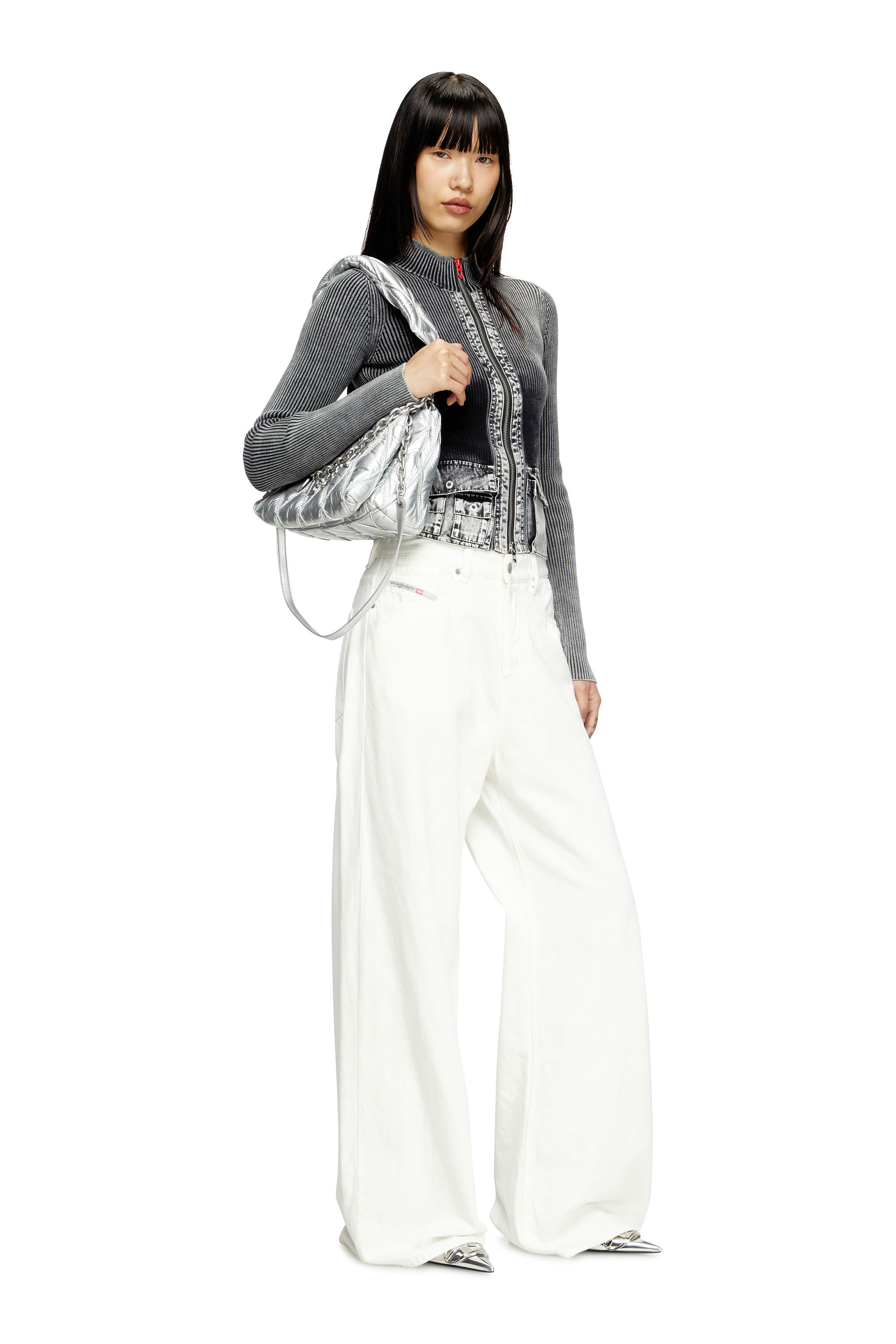 Diesel - CHARM-D SHOULDER M, Damen Charm-D M-Schultertasche aus gestepptem Metallic-Nylon in Silber - 6