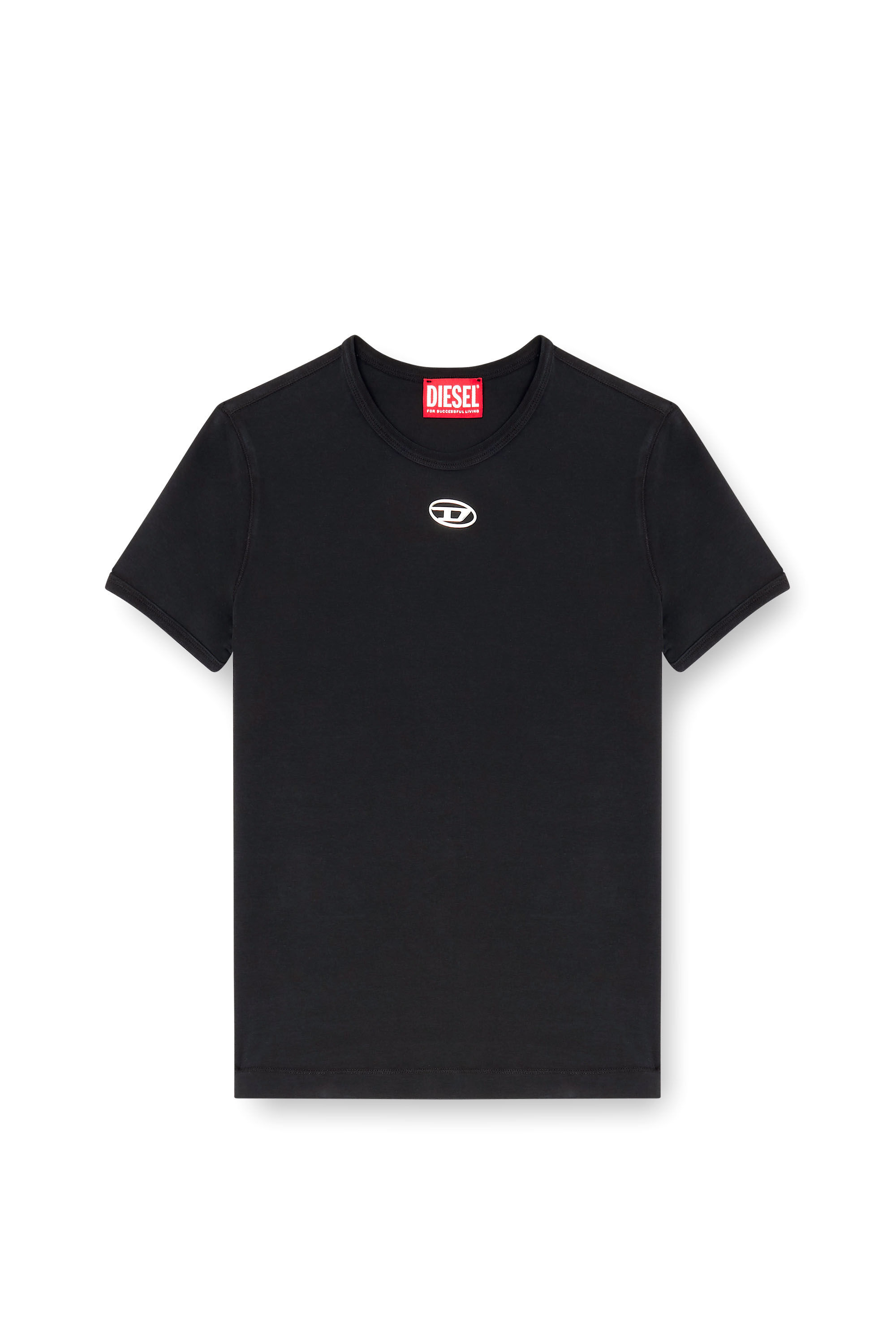 Diesel - T-UNCUTIESLONG-OD, Damen Schmal geschnittenes T-Shirt mit metallischem Oval D in Schwarz - 2