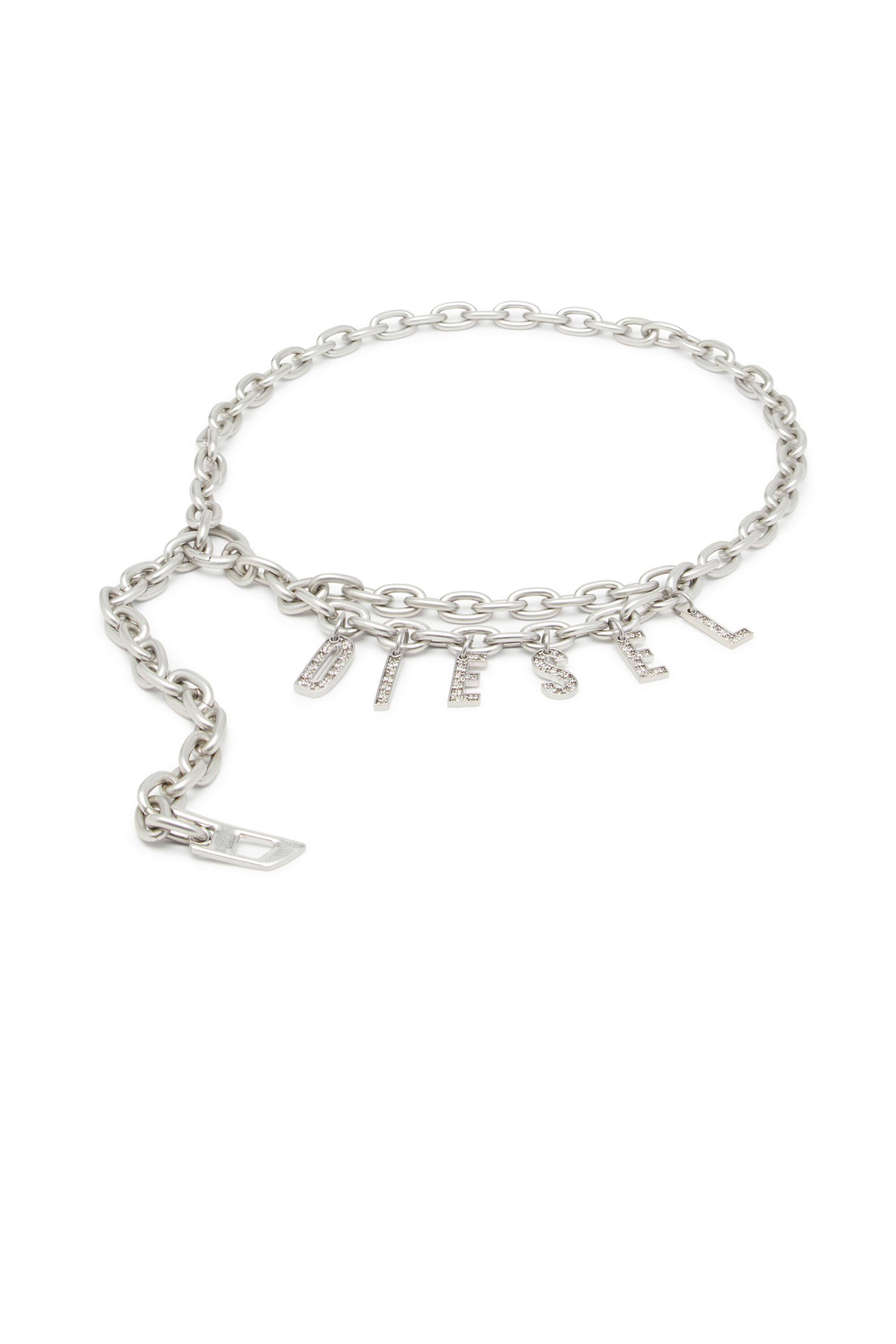 Diesel - B-CHARM CHAIN, Damen 1cm Kettengürtel mit Logo-Anhänger aus Strass in Silber - 1