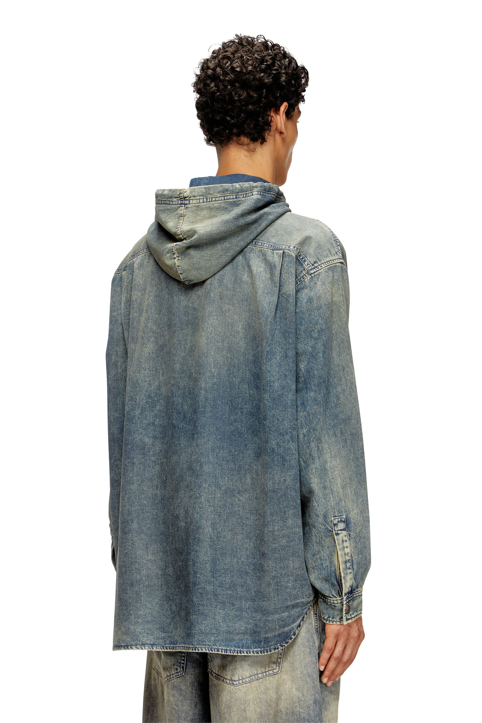 Diesel - D-DEWNY-HOOD-S2, Herren Overshirt aus marmoriertem beschichtetem Denim in Mittelblau - 4