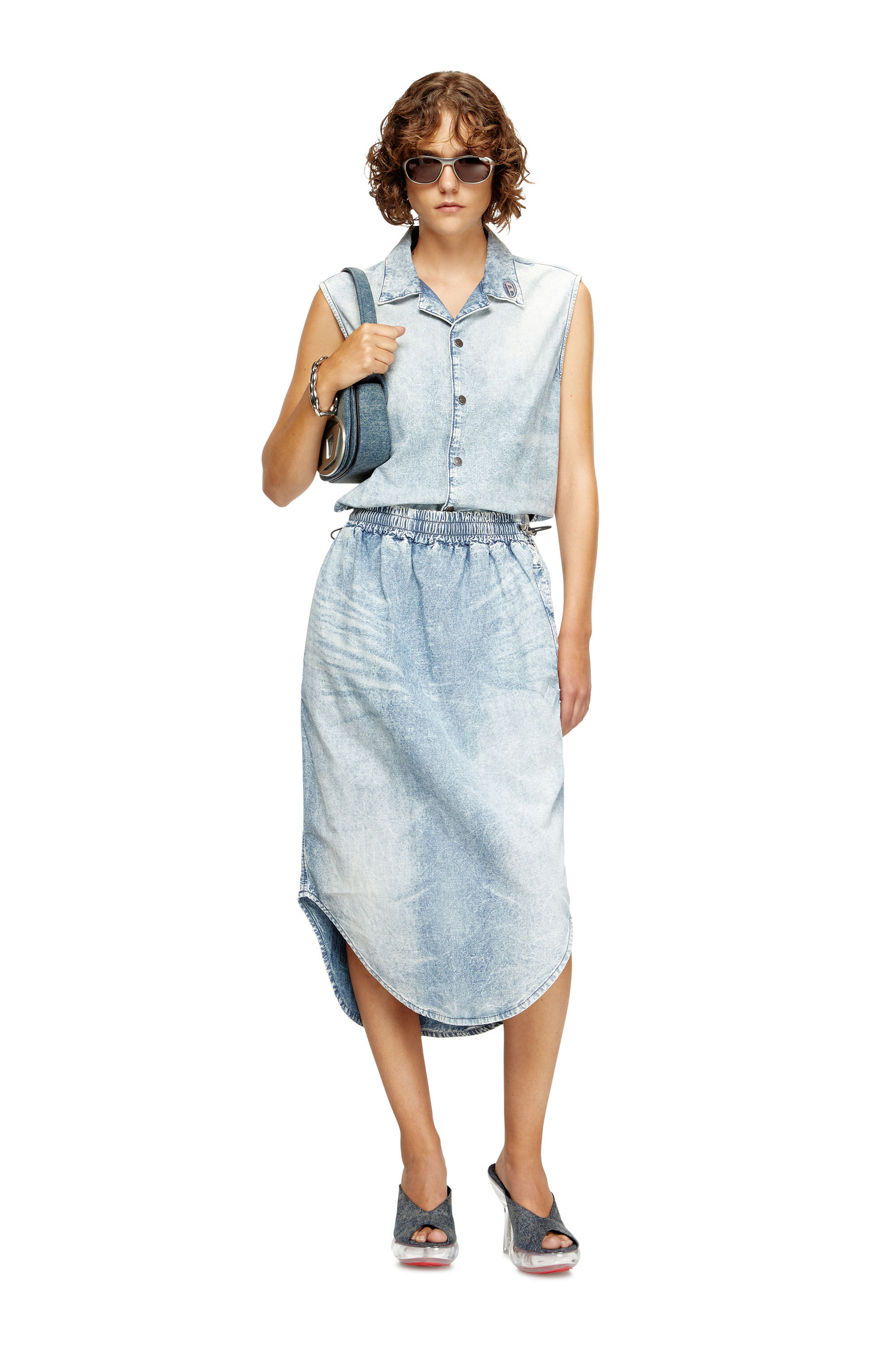 Diesel - DE-NABI-S, Damen Ärmelloses Oberteil aus marmoriertem Denim in Hellblau - 1
