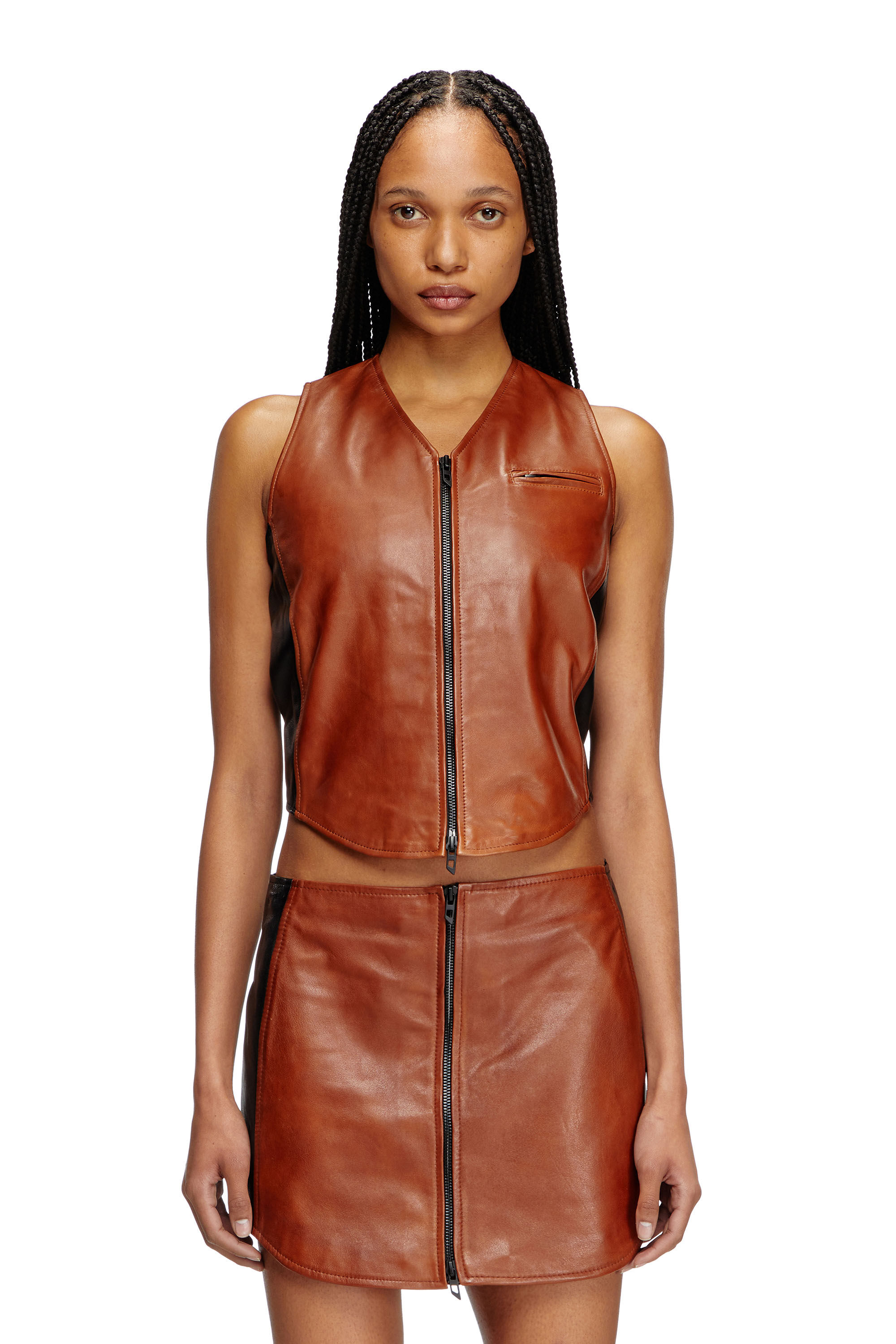 Diesel - L-USTRA, Damen Verkürzte Weste aus Colour-Block-Leder in Schwarz/Braun - 3