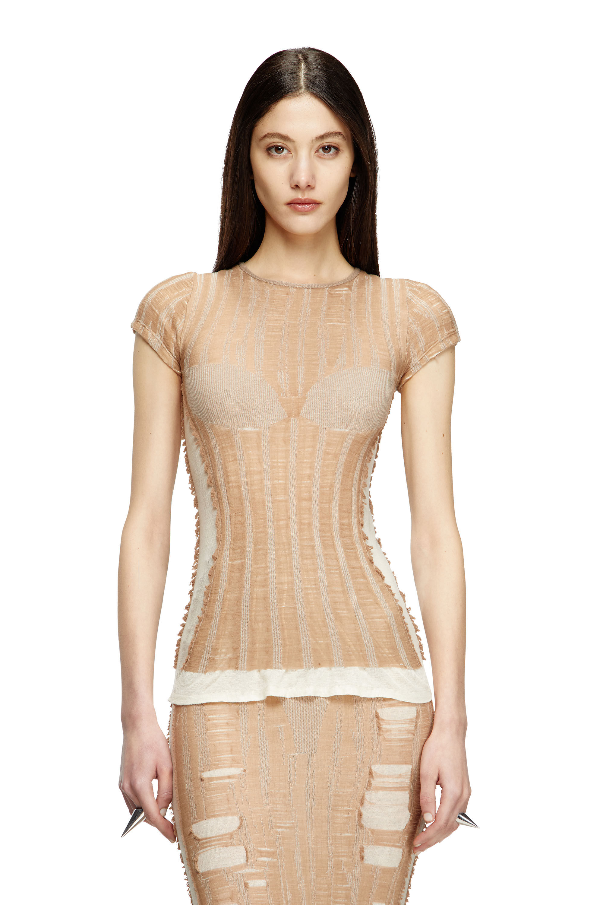 Diesel - M-CALAI-SS, Damen Nahtloses T-Shirt mit Dessous-Illusion in Beige - 3