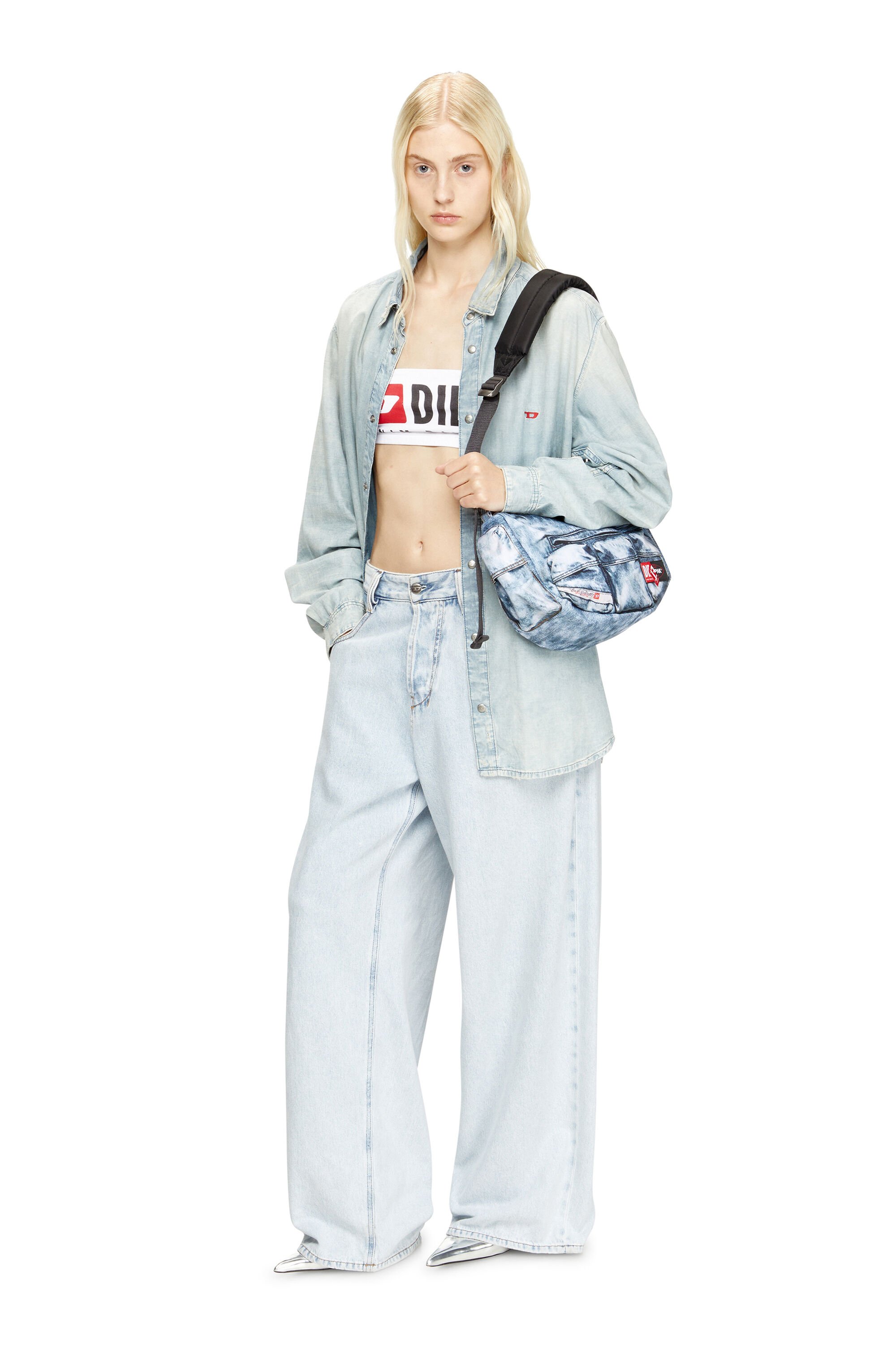 Diesel - DIESEL SHOULDER BAG, Unisex Multipocket-Tasche aus Trompe l'œil-Denim in Blau - 7
