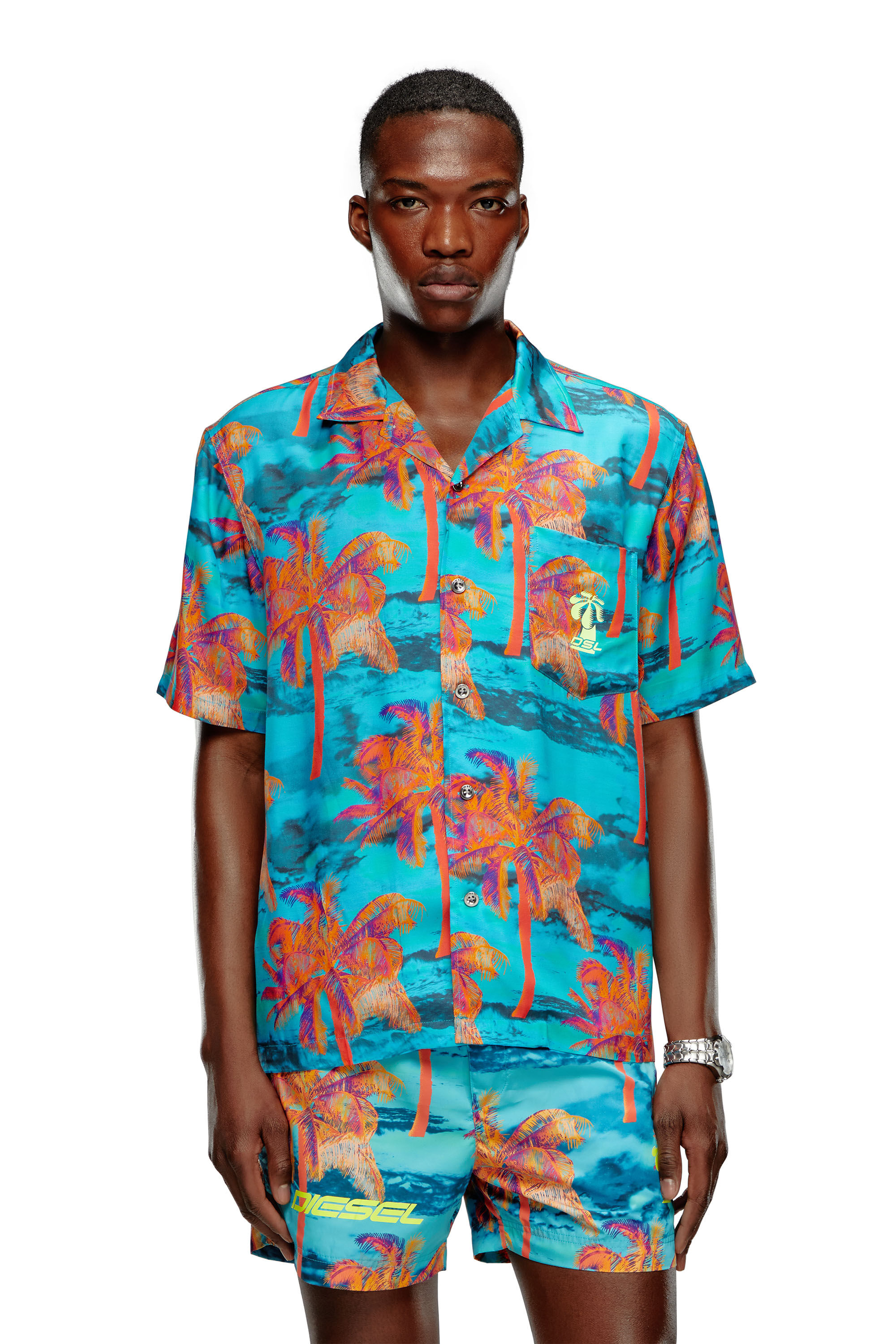 Diesel - BMOWT-ADRIAN, Herren Strandshirt mit Palmen-Print in Blau - 1
