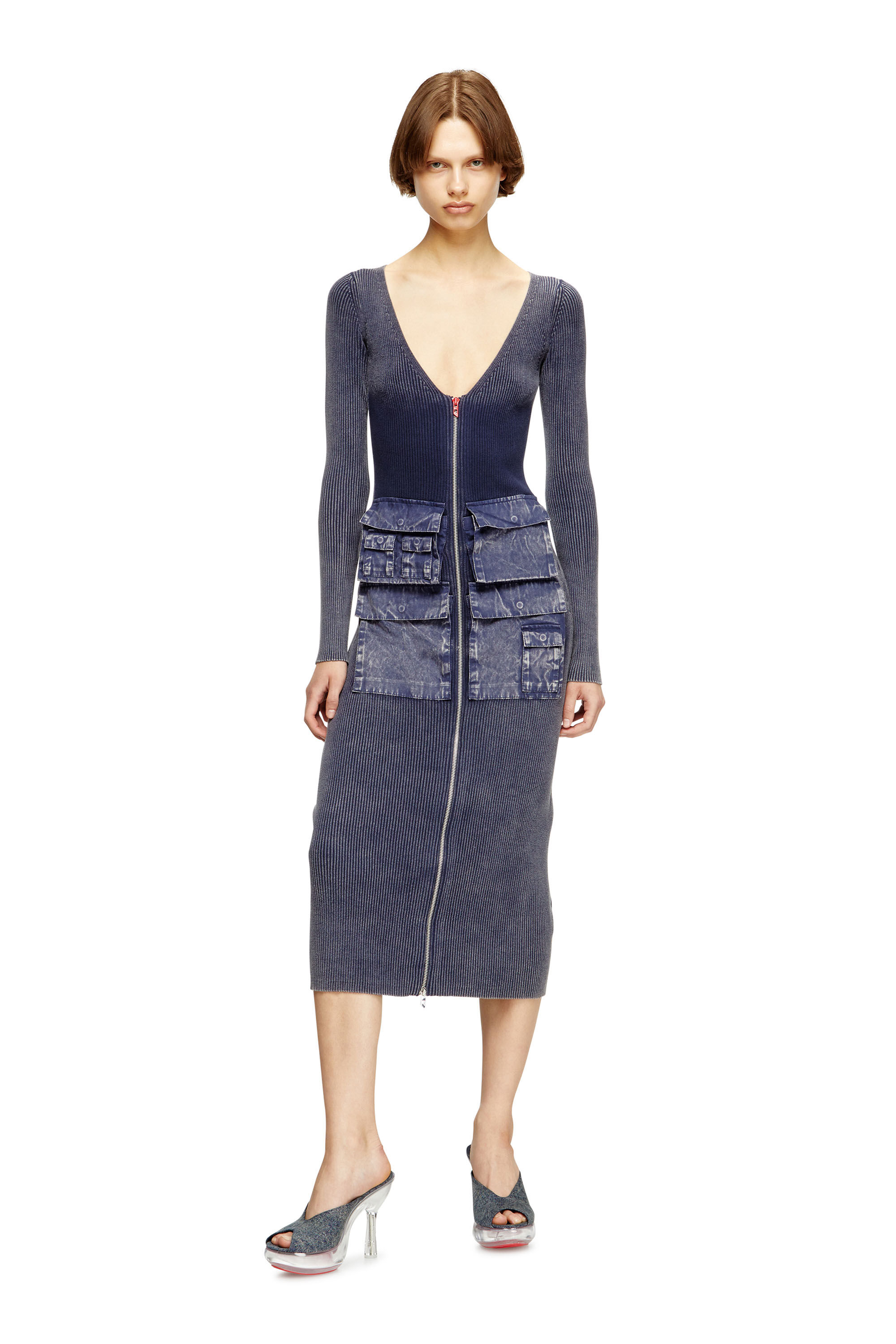 Diesel - M-MELTI-LS, Damen Geripptes Midikleid mit Denim-Behandlung in null - 3