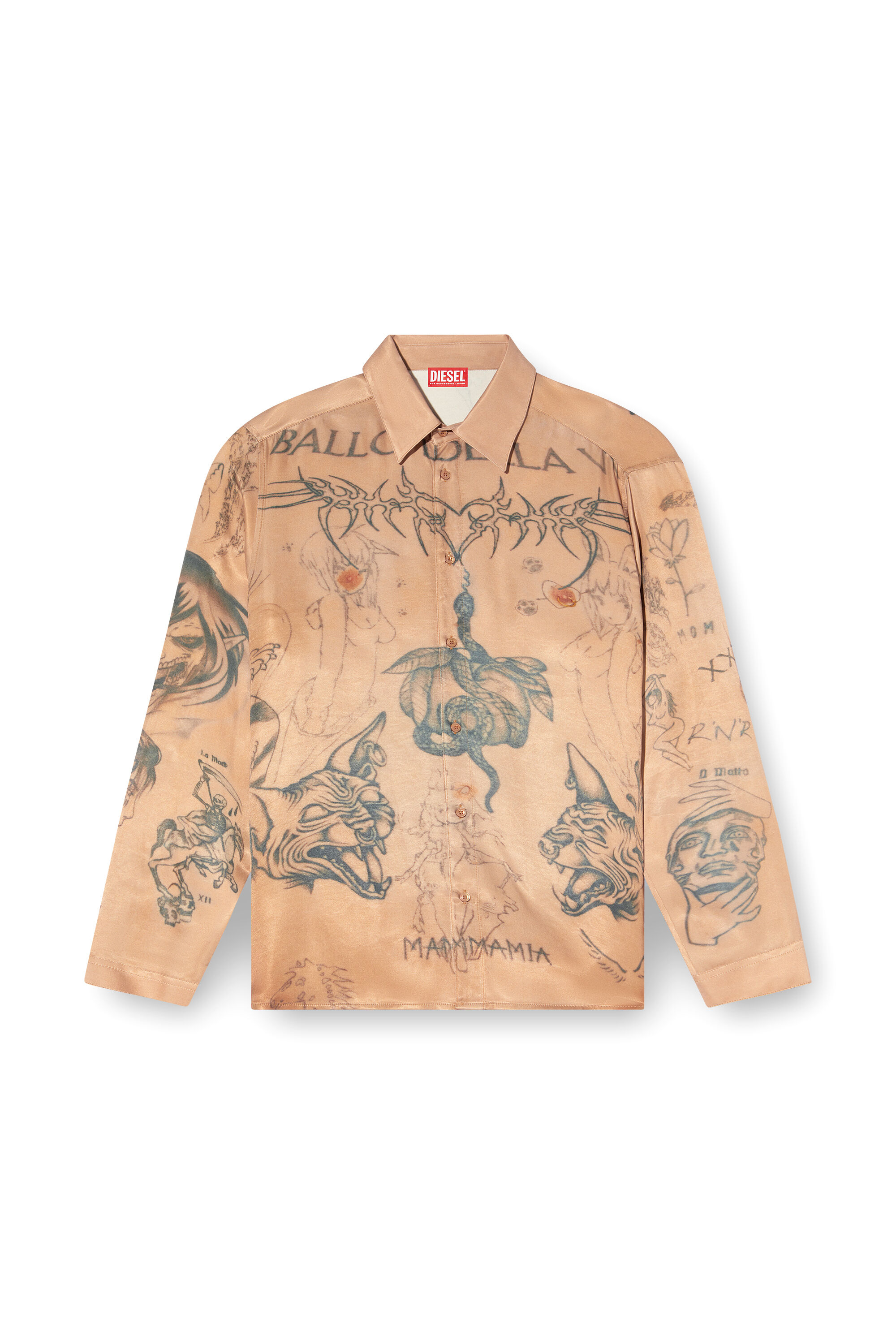 Diesel - S-SIMPLY-TTO-DD, Unisex Fließendes Shirt aus Satin mit Tattoo-Print in Beige - 2
