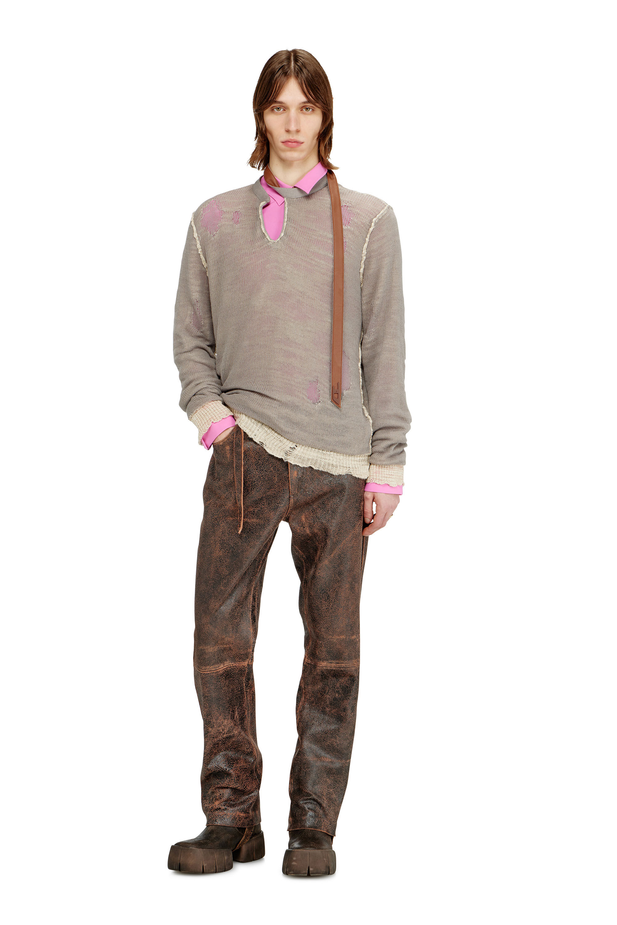 Diesel - K-DAIANERIS, Herren Pullover im Used-Look mit Biker-Halsband in Braun - 1