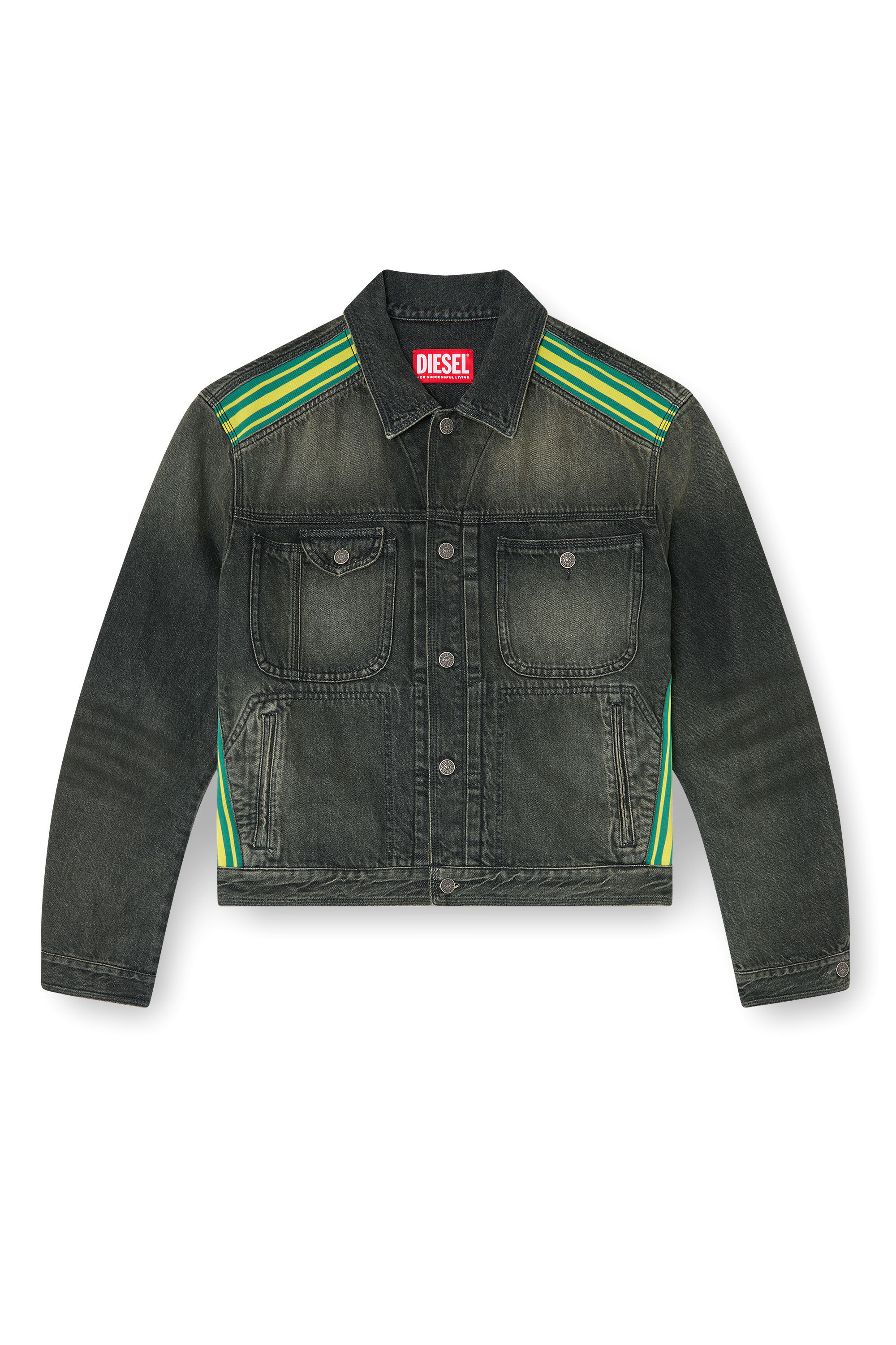 Diesel - D-BAS-FSJ1, Herren Trucker-Jacke mit gestreiften Schulterb&auml;ndern in Schwarz/Dunkelgrau - 2