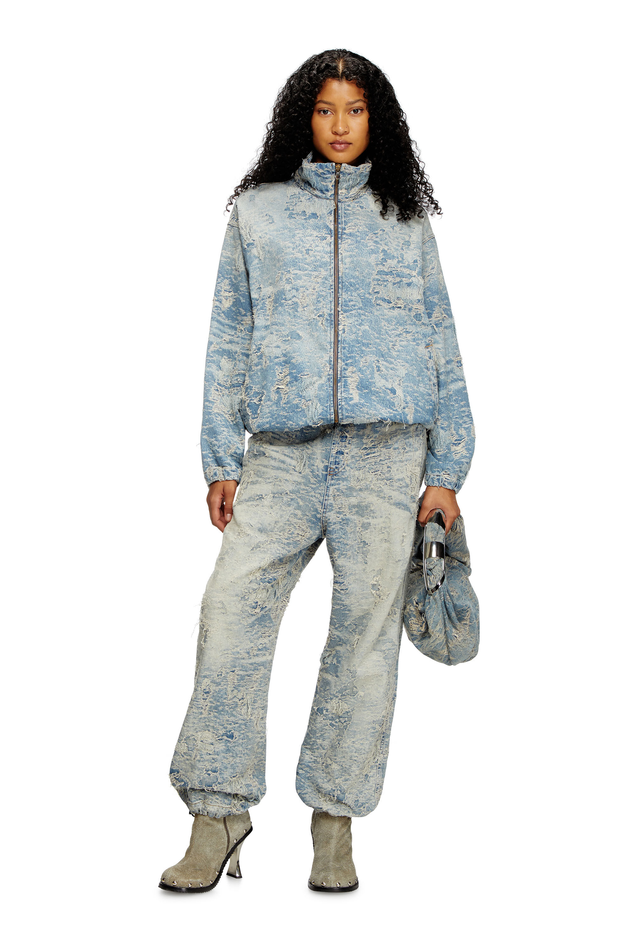 Diesel - D-KRAP-FSF, Unisex Jacke mit Reißverschluss aus Jacquard-Denim mit Schmutz-Effekt in Hellblau - 1