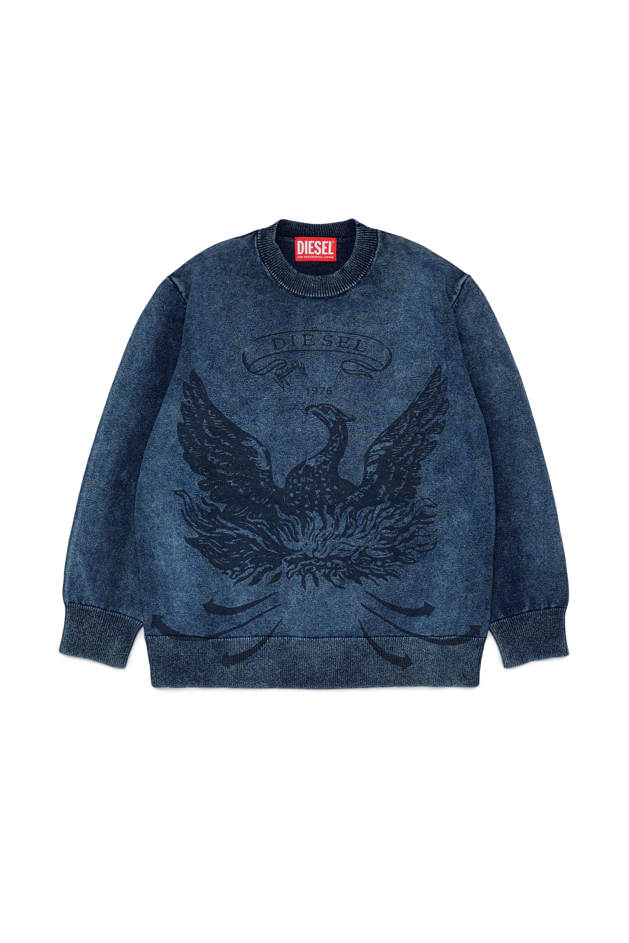 Diesel - KFINNIC OVER, Man's Denim-effect jumper with phoenix motif in Dark Blue - 1