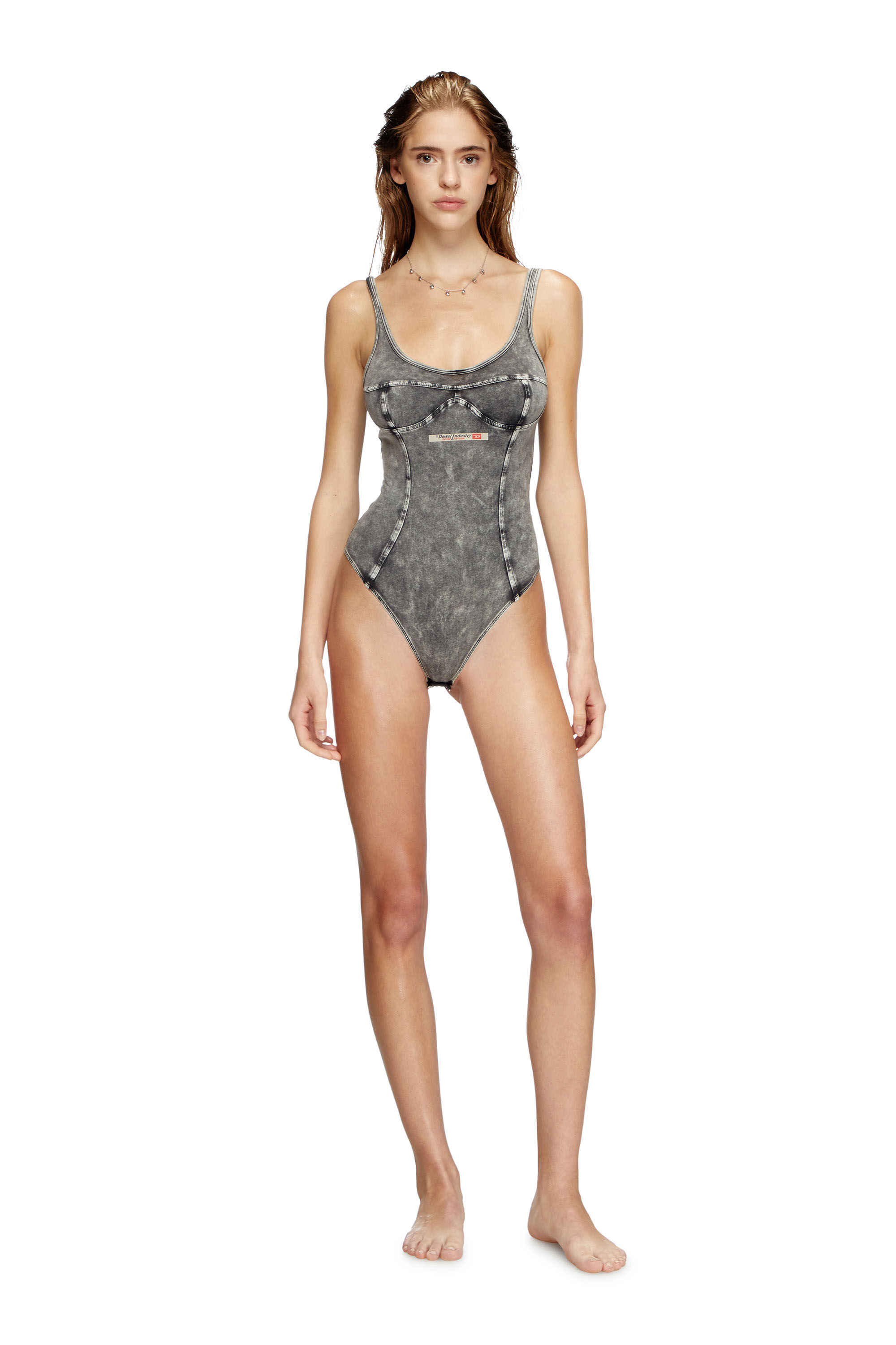 Diesel - UFBY-DENIM-CAMI-BODYSUIT, Damen Body aus Denim-Effekt-Jersey in Dunkelgrau - 1