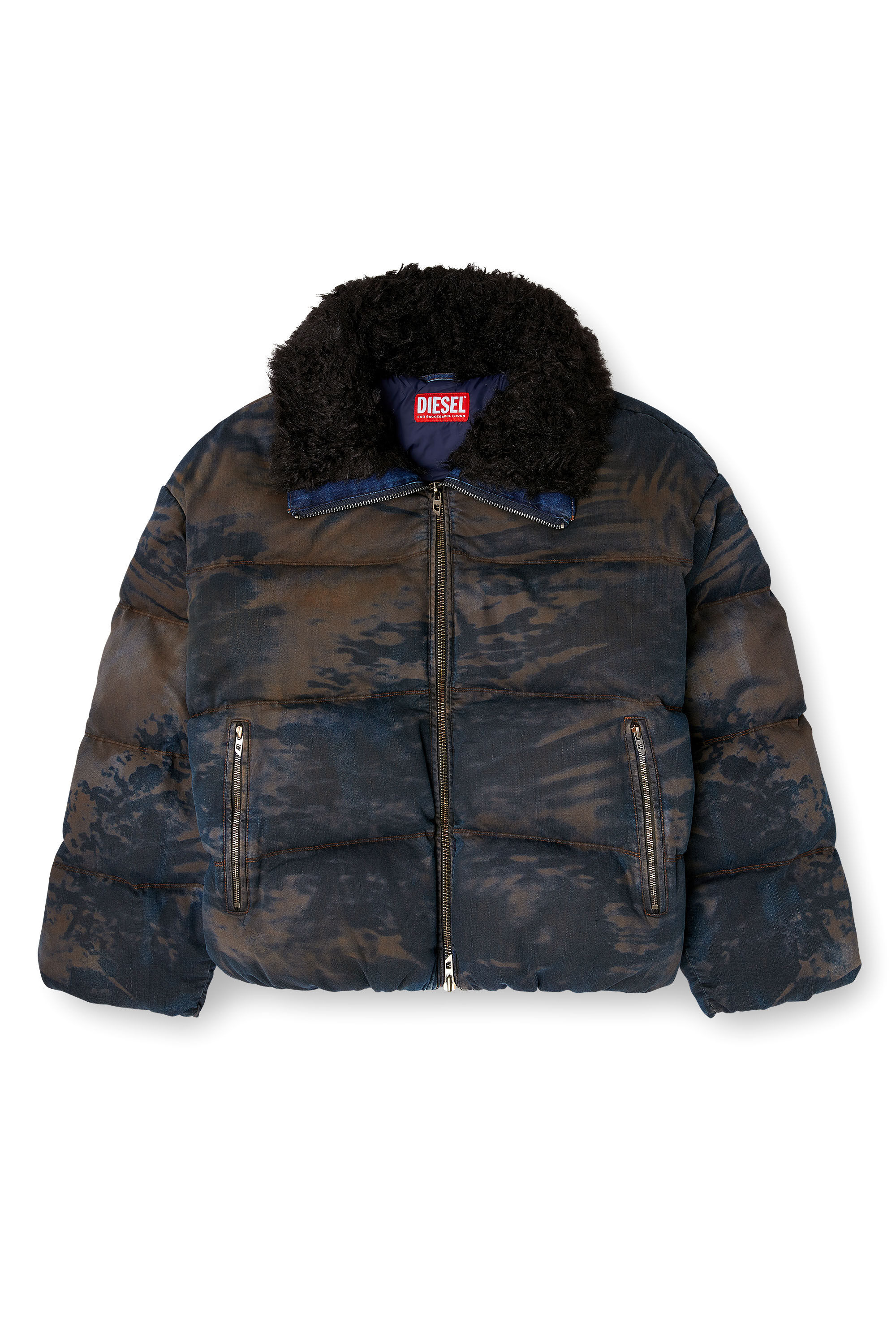 Diesel - W-JOHNS, Herren Daunen-Jacke aus Camouflage-Denim mit Schmutz-Effekt in Schwarz/Braun - 2