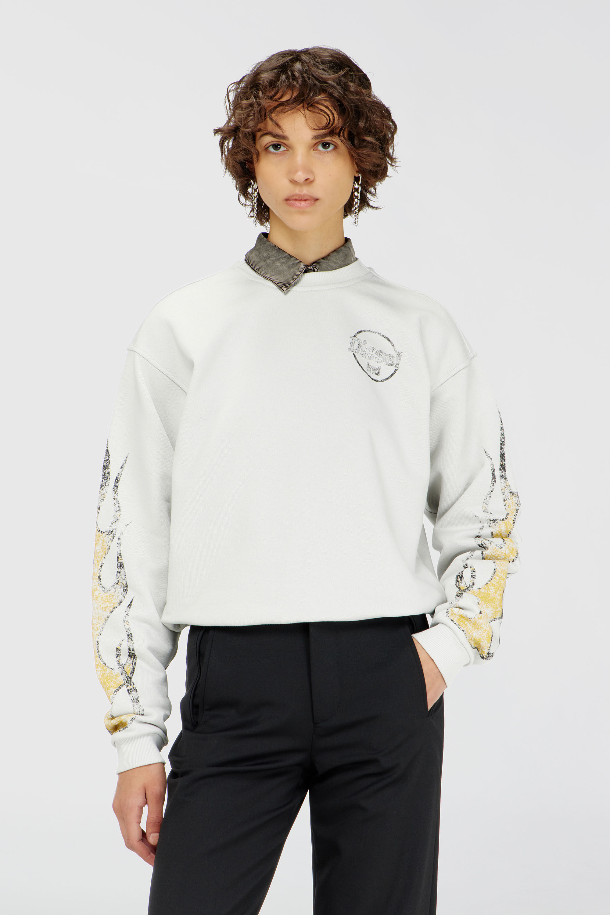 Diesel - F-CREWY-B3, Damen Sweatshirt mit Kordelzugsaum und crack print in Wei&szlig; - 3