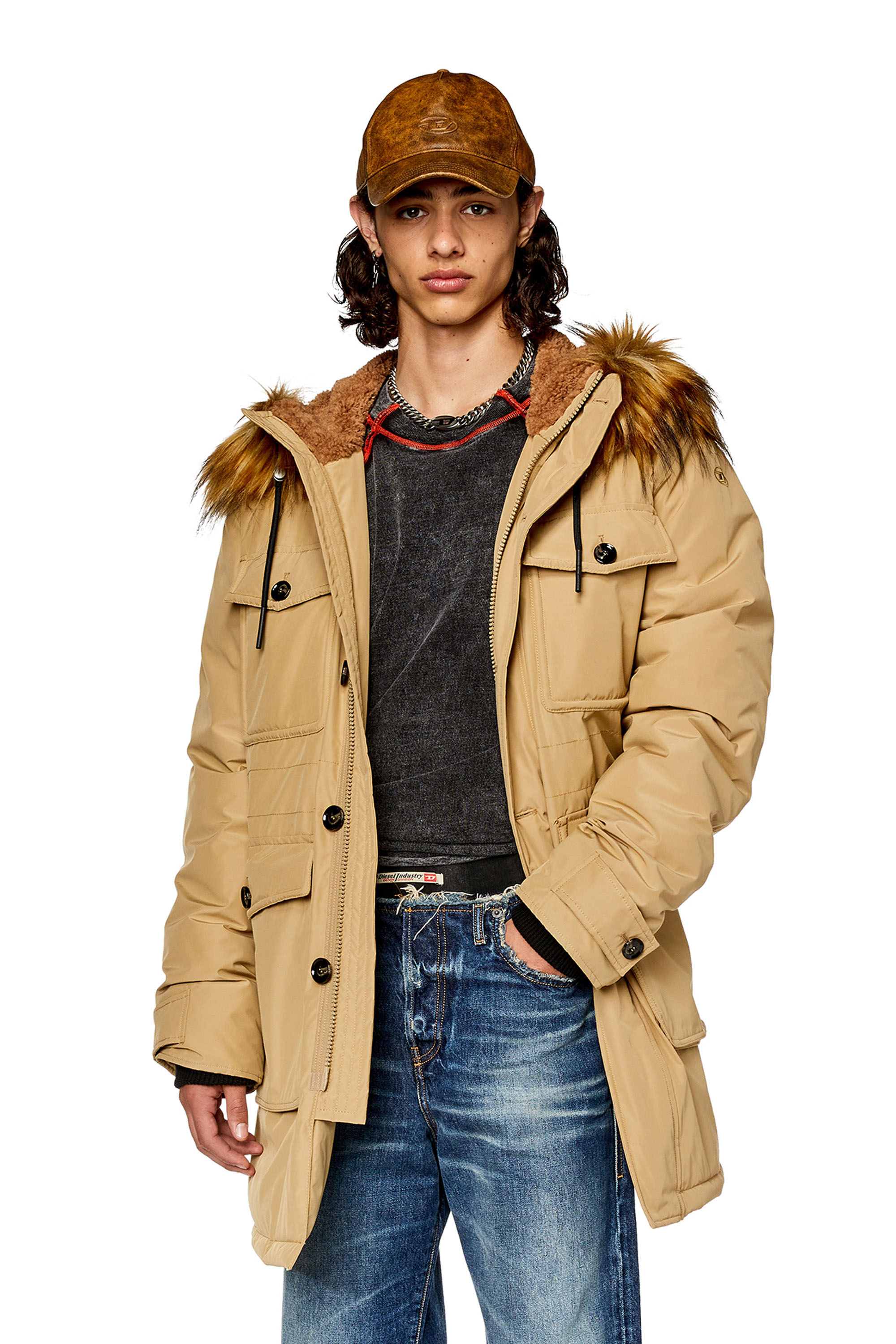 Diesel - W-JORGY, Herren Wattierter Parka mit Flauschkante an der Kapuze in Hellbraun - 3