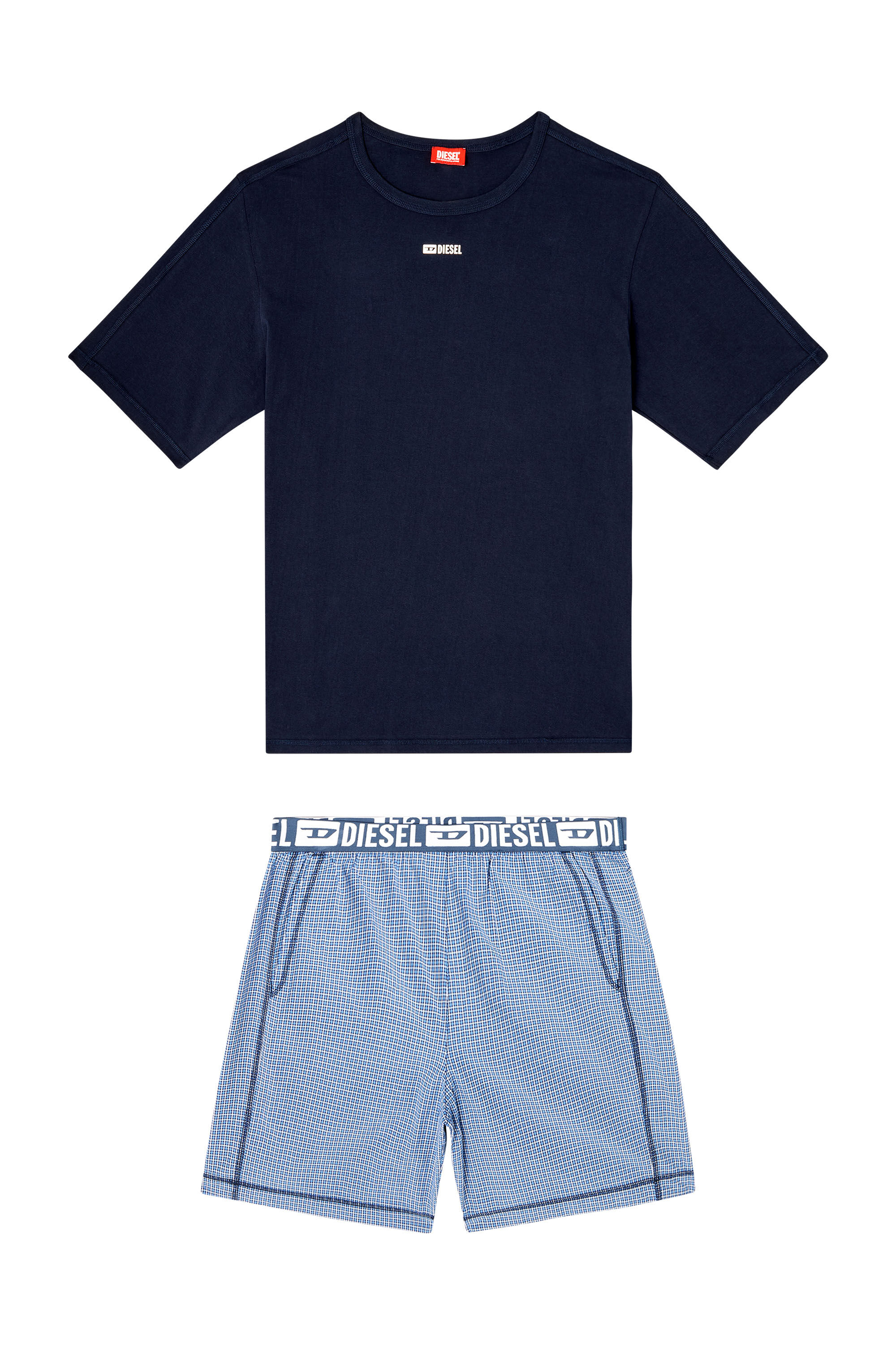 Diesel - KIT-RAUL-D-CORE, Herren Baumwoll-Pyjama-Set mit karierten Shorts in Blau - 2