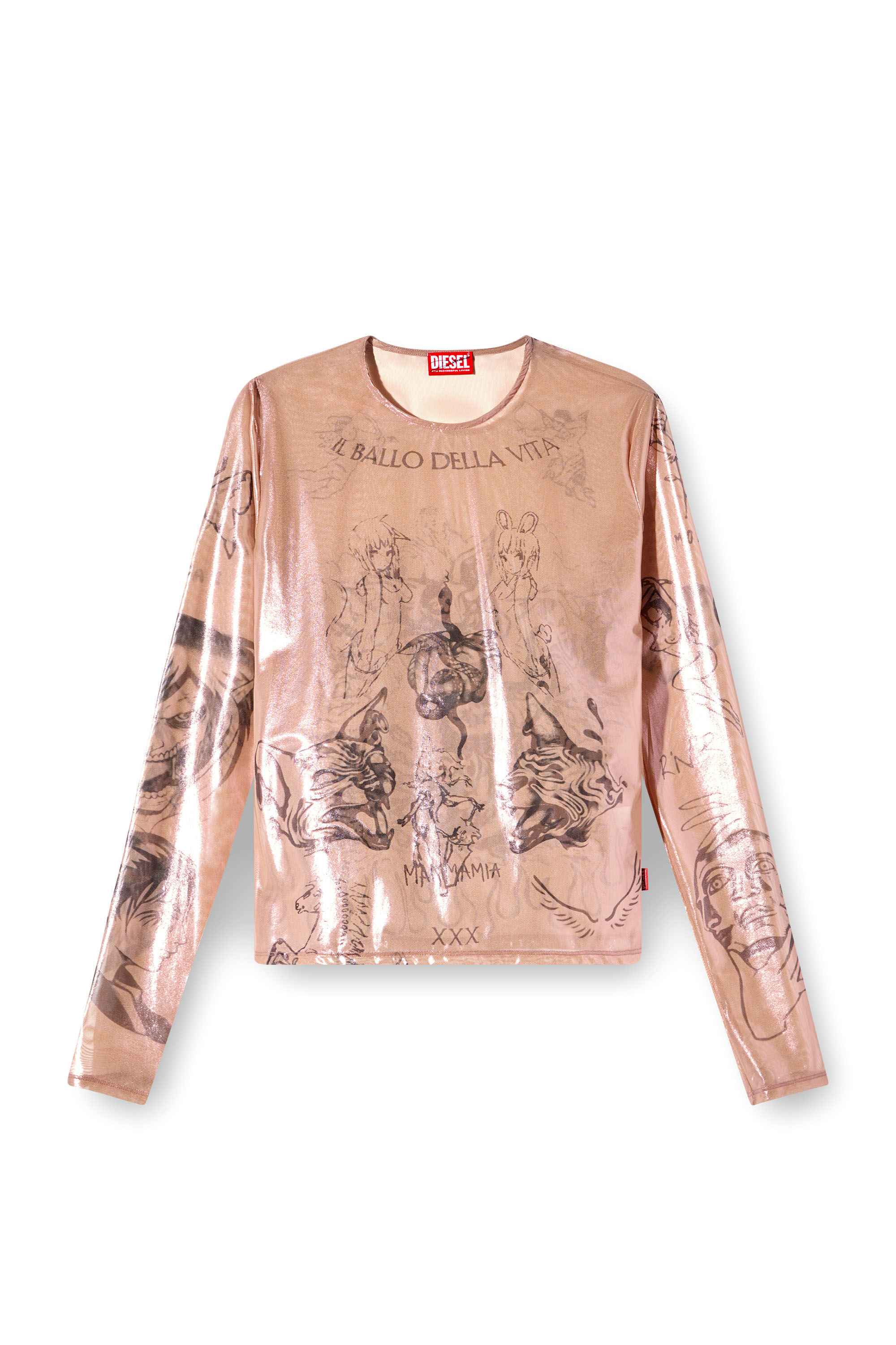 Diesel - T-CLAUDE-DD, Unisex Tattoo-Top aus beschichtetem Stretch-Tüll in Rosa - 2