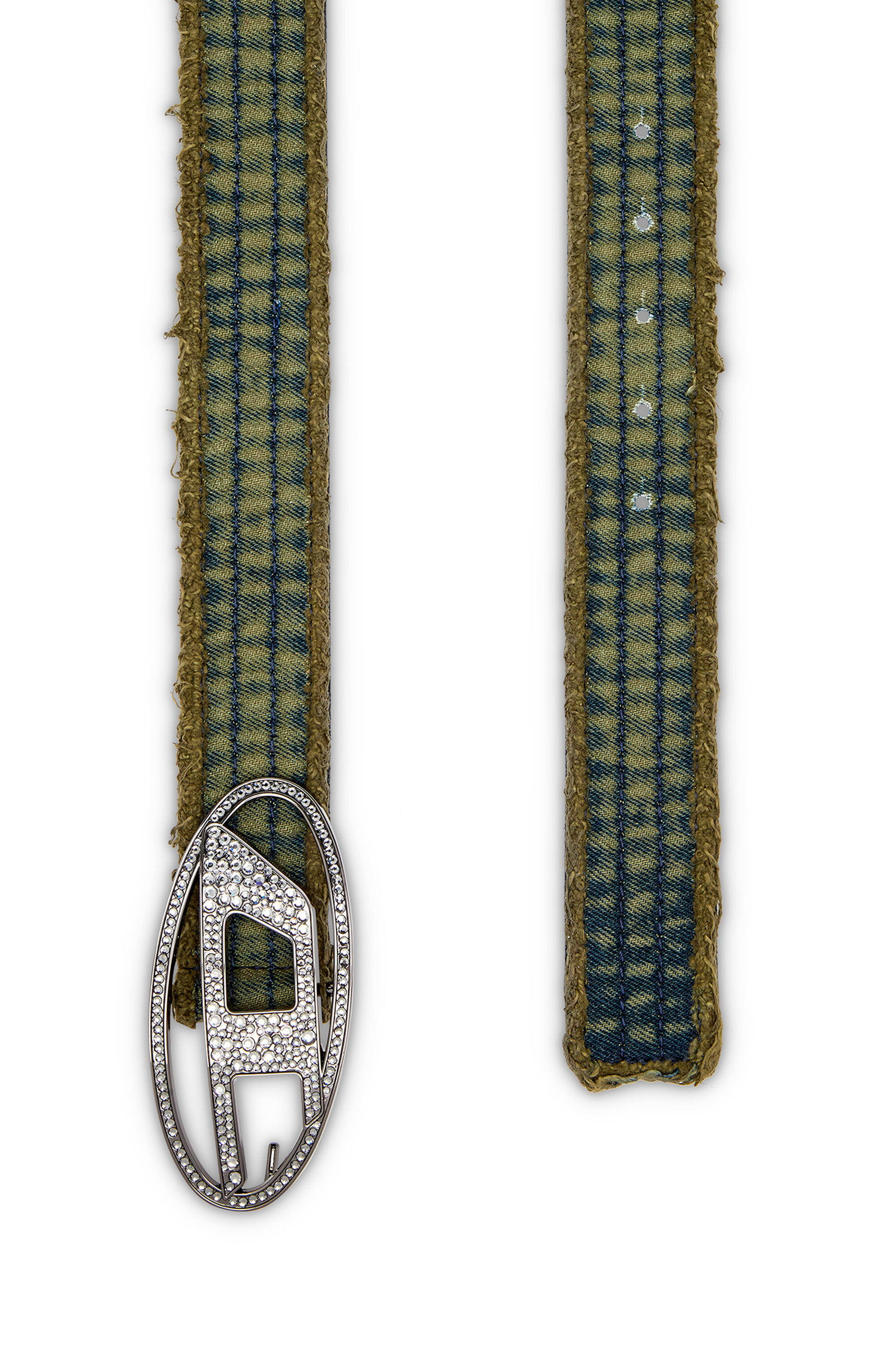 Diesel - B-1DR STRASS, Damen Gürtel aus Denim und Leder mit Kristallschnalle in Armeegrün - 2