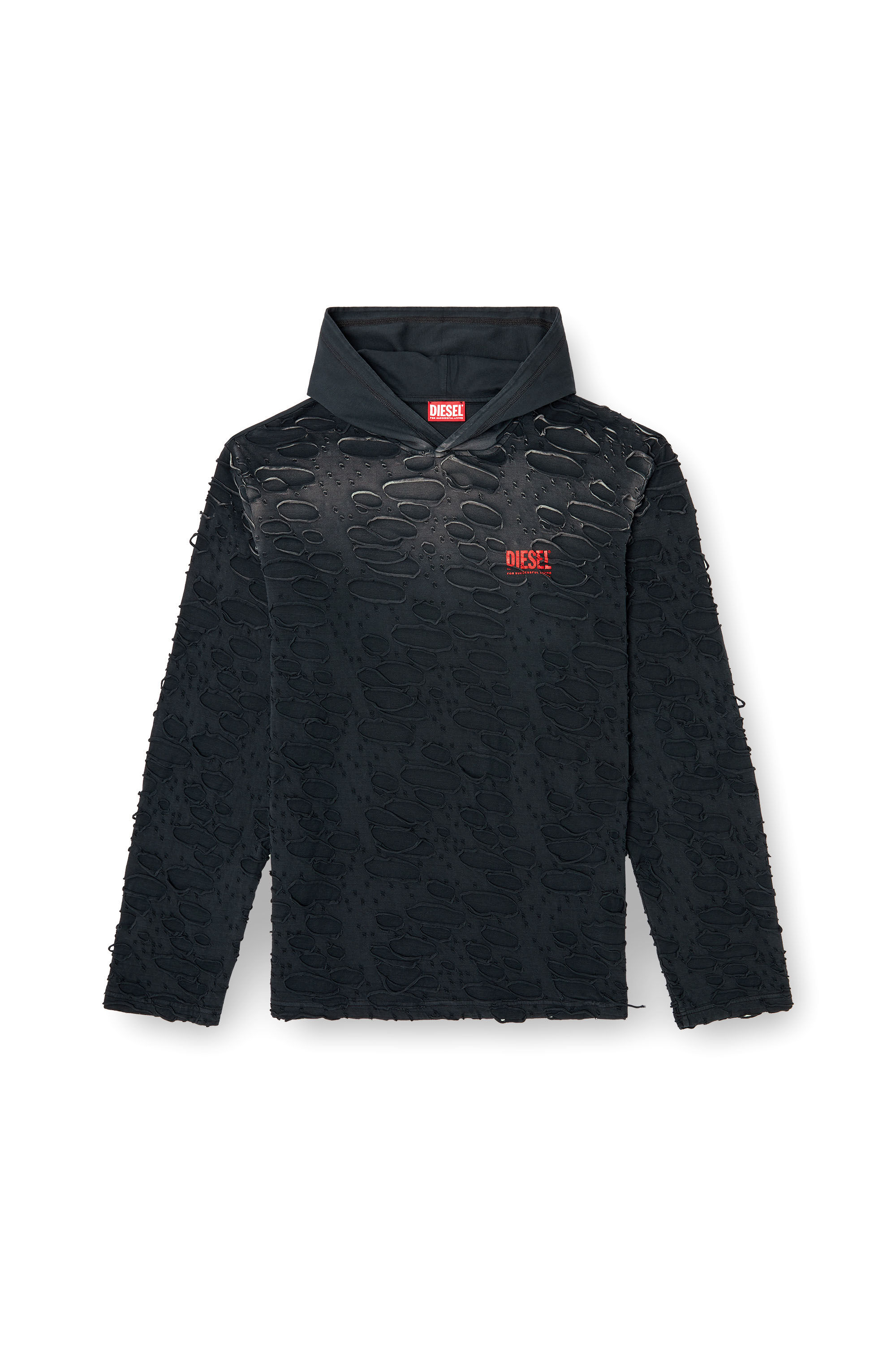Diesel - T-CRANE-LS-HOOD, Herren Langarm-T-Shirt mit Kapuze und Löchern in Schwarz - 2