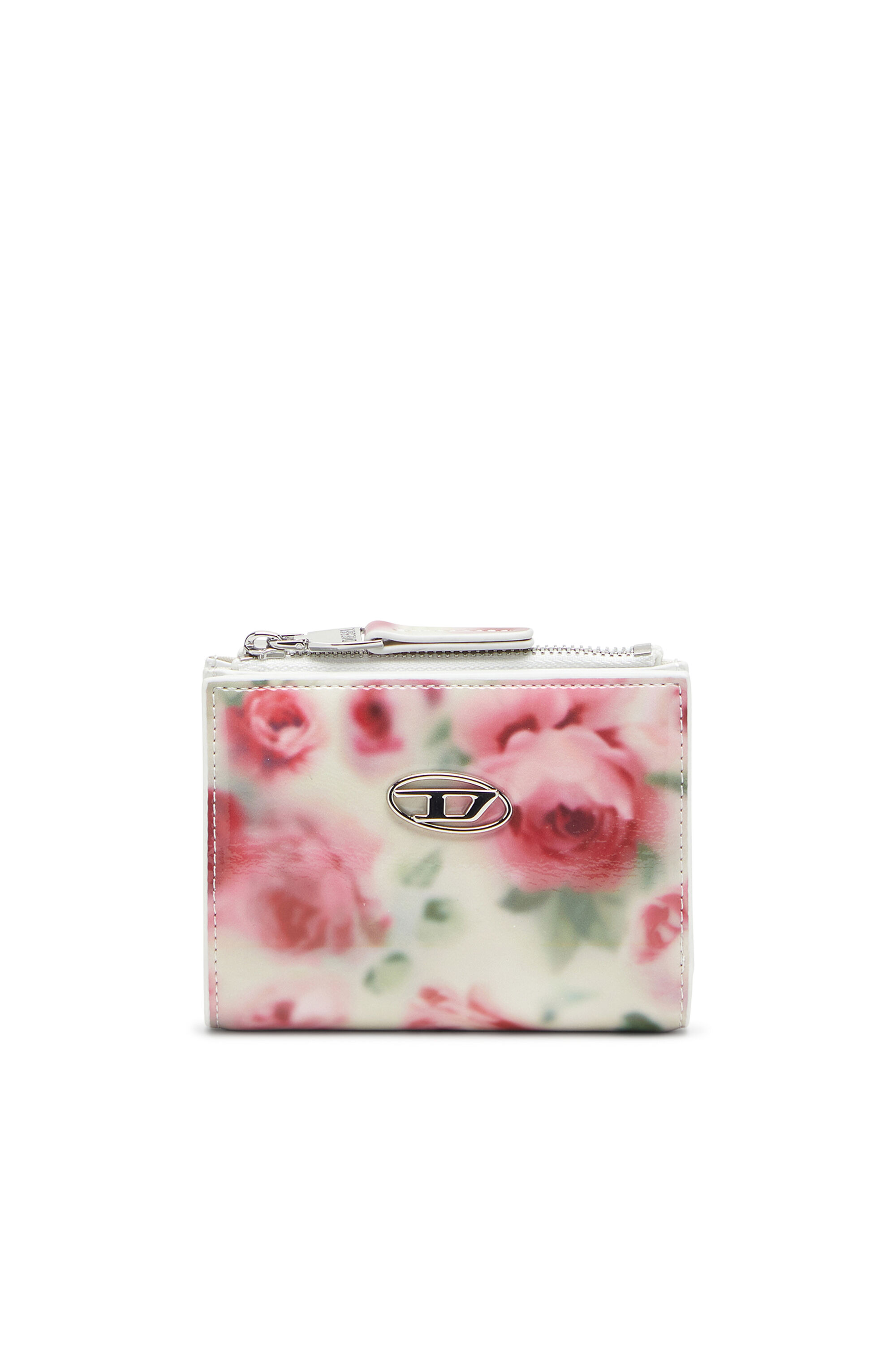 Diesel - PLAY BI-FOLD ZIP II, Damen Kleines Portemonnaie aus bedrucktem glänzendem PU in Weiss/Rosa - 1