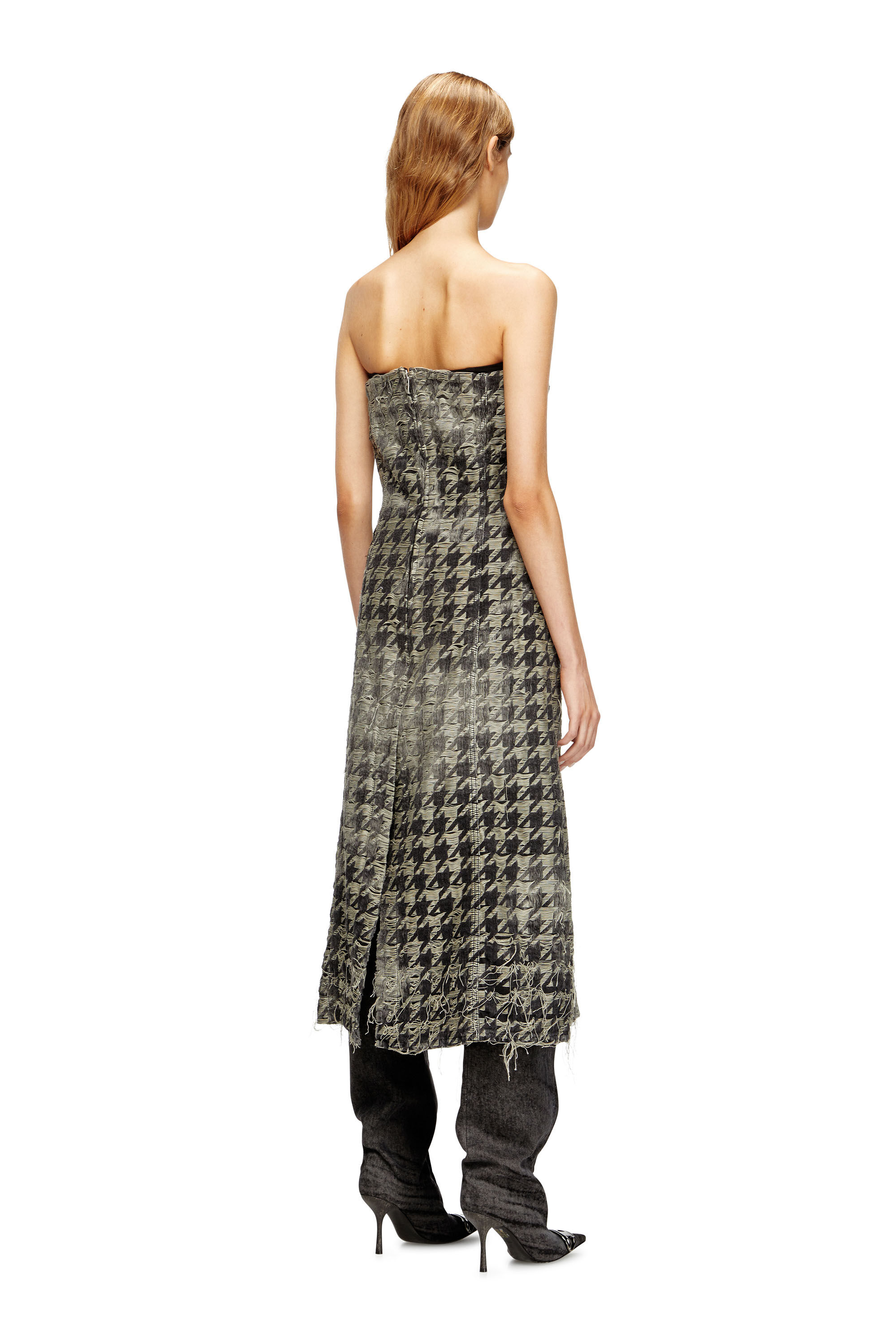Diesel - DE-OLIVIA-FSH, Damen Midi-Kleid aus Jeansgewebe mit Hahnentritt-Muster in Schwarz/Weiss - 4