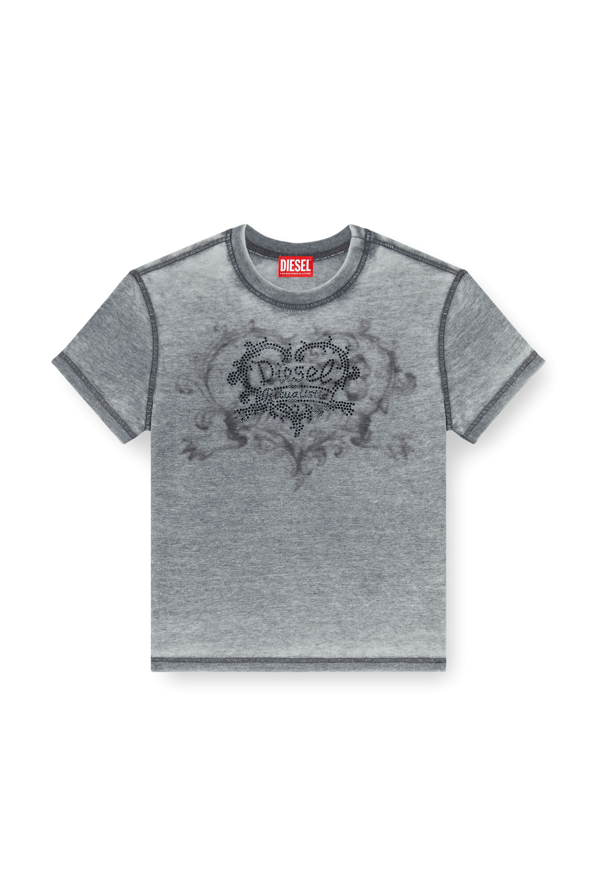 Diesel - T-ILA-AA1, Damen Jersey-T-Shirt mit Strasssteinen und burnout effect in Grau - 2
