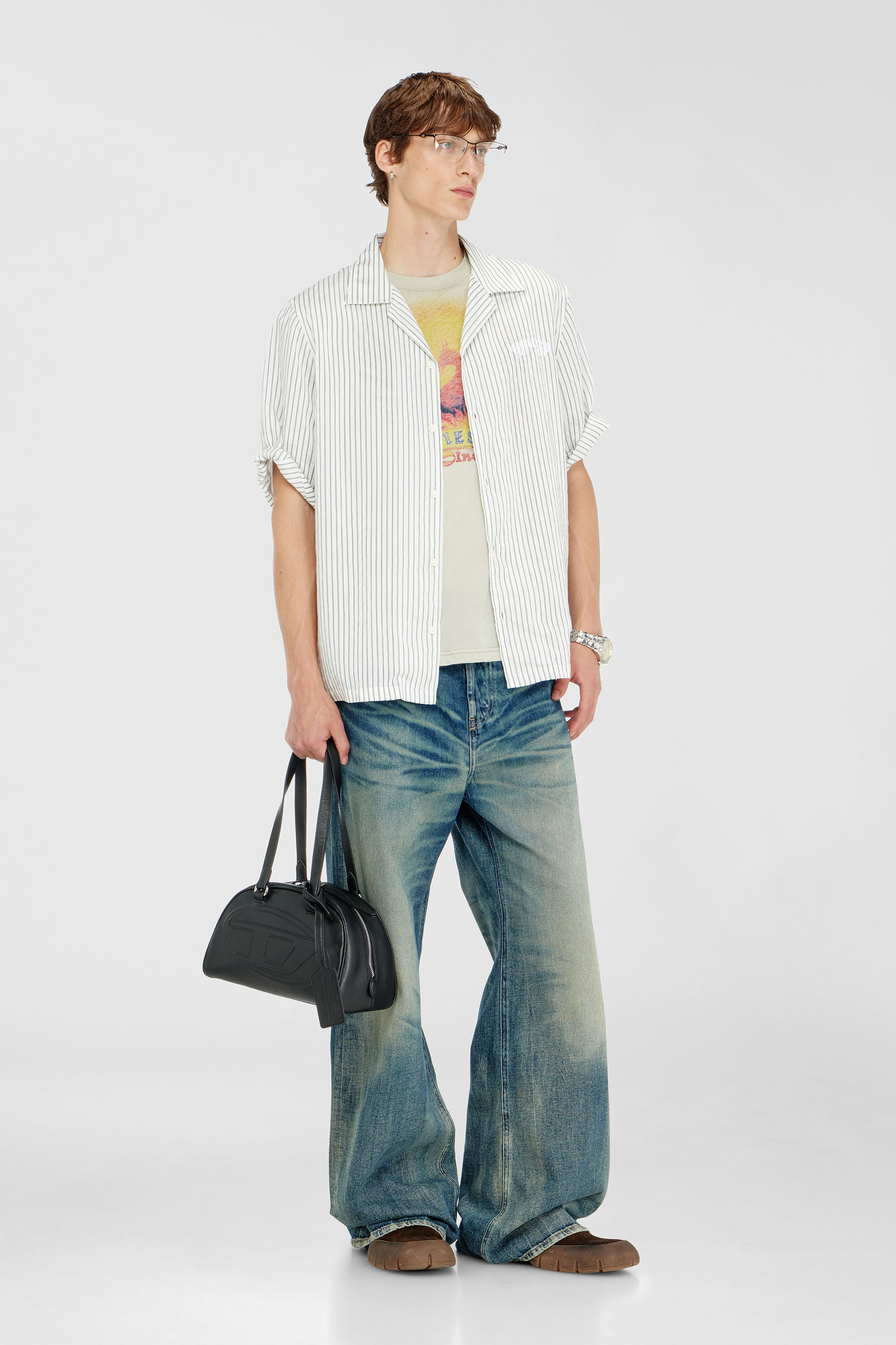 Diesel - S-MAC-EFBV, Man's Half-sleeve shirt in pinstripe modal in White/Grey - 1