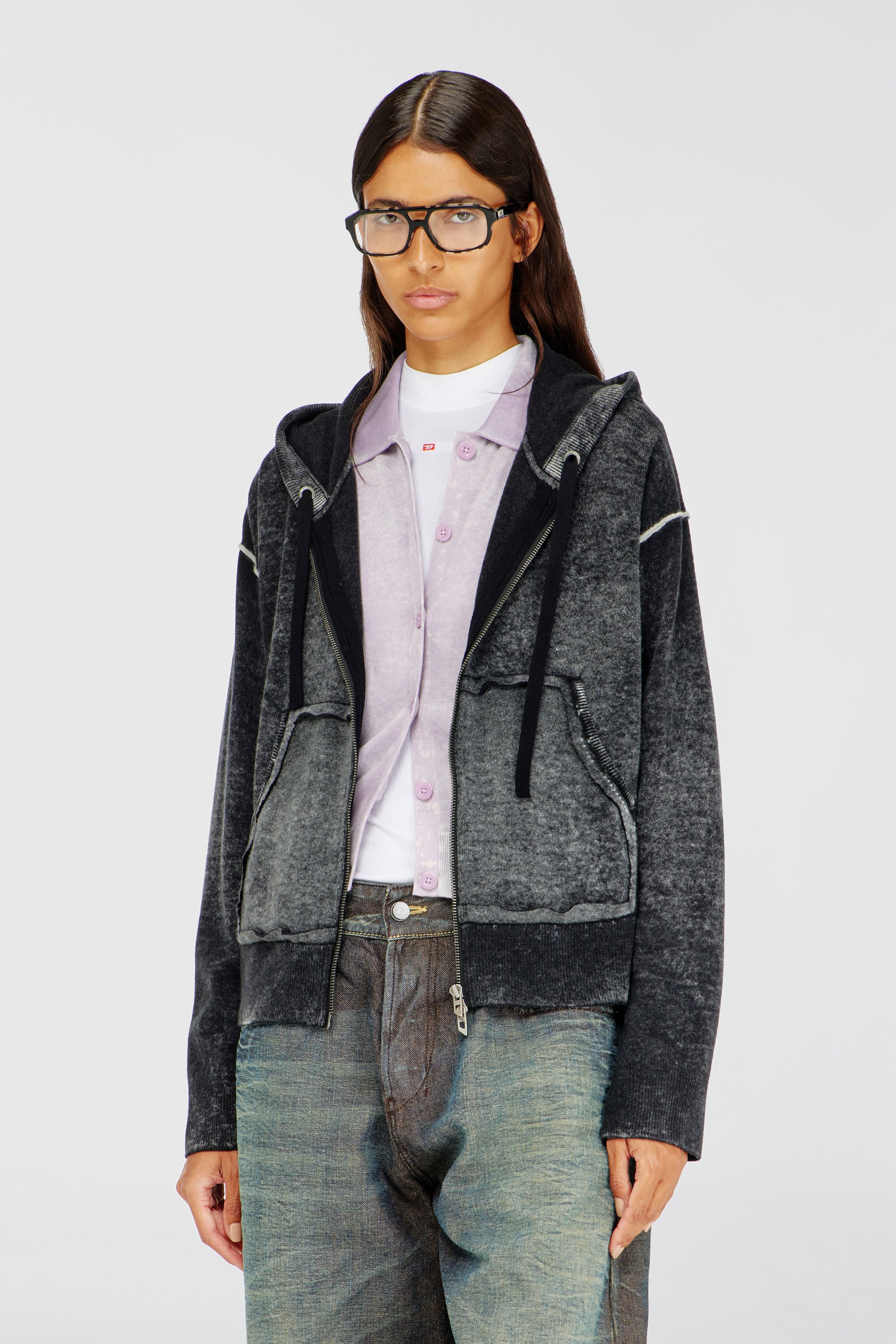 Diesel - M-HERMINE, Damen R&uuml;ckw&auml;rts bedruckte Kapuzenstrickjacke aus Wolle in Schwarz/Grau - 3