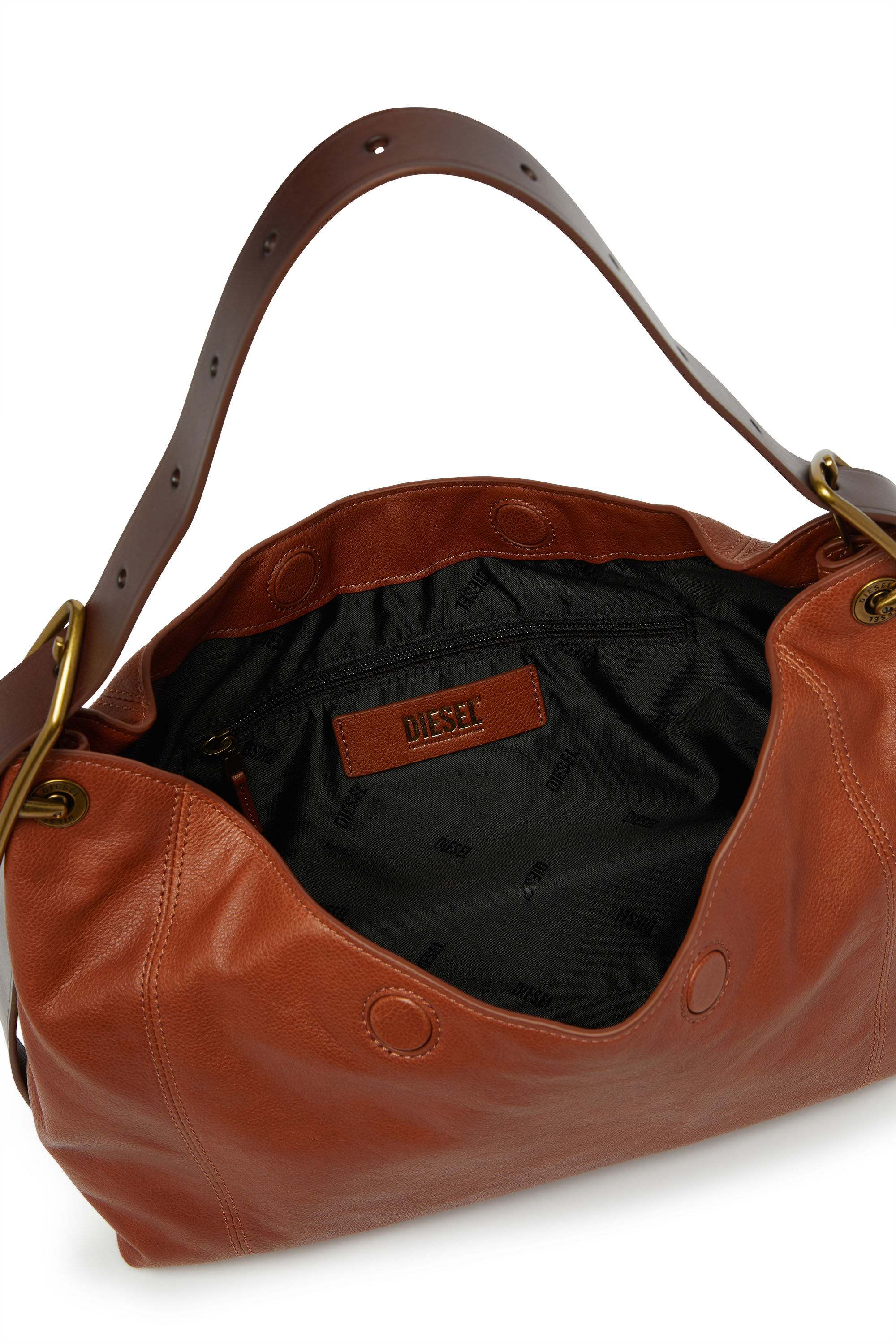 Diesel - D-LINE HOBO S, Damen D-Line-Schultertasche aus gl&auml;nzendem, geknittertem Leder in Braun - 4