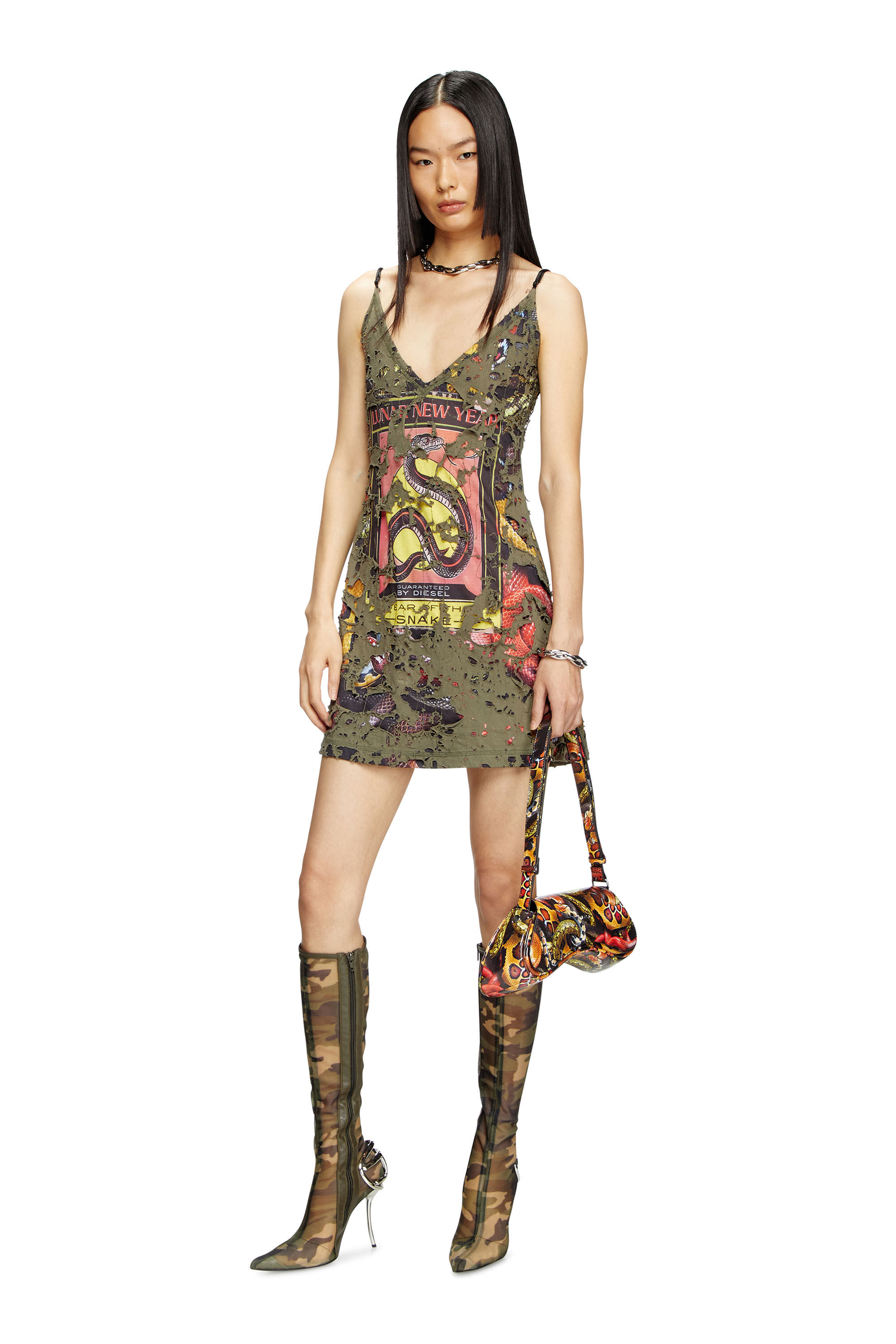 Diesel - CL-D-JENA-DEV-SNAKE, Damen Destroyed-Slip-Kleid mit Schlangen-Print in Olivgrün - 3