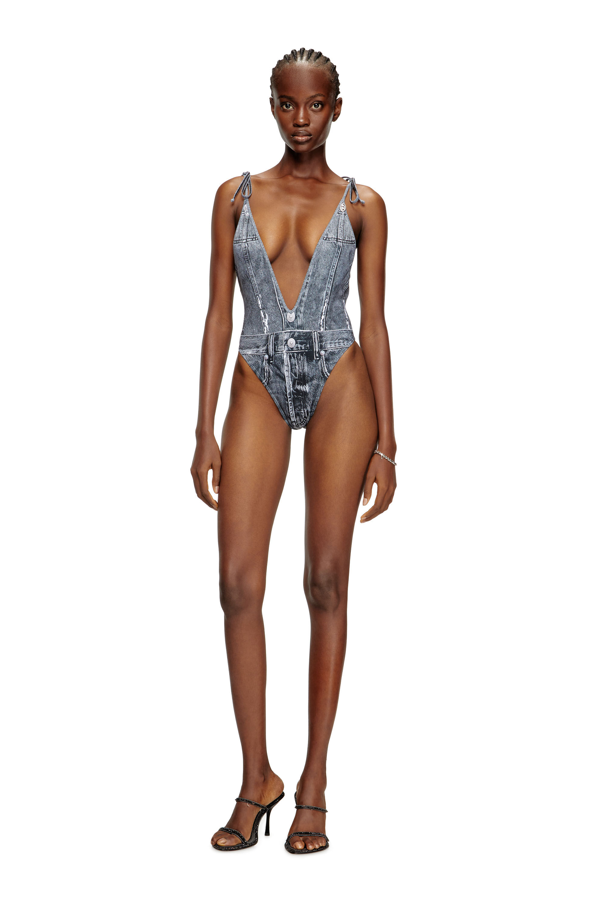 Diesel - KINSLEY-DNM, Damen Tiefer Badeanzug mit Denim-Trompe l'œil in Blau - 2