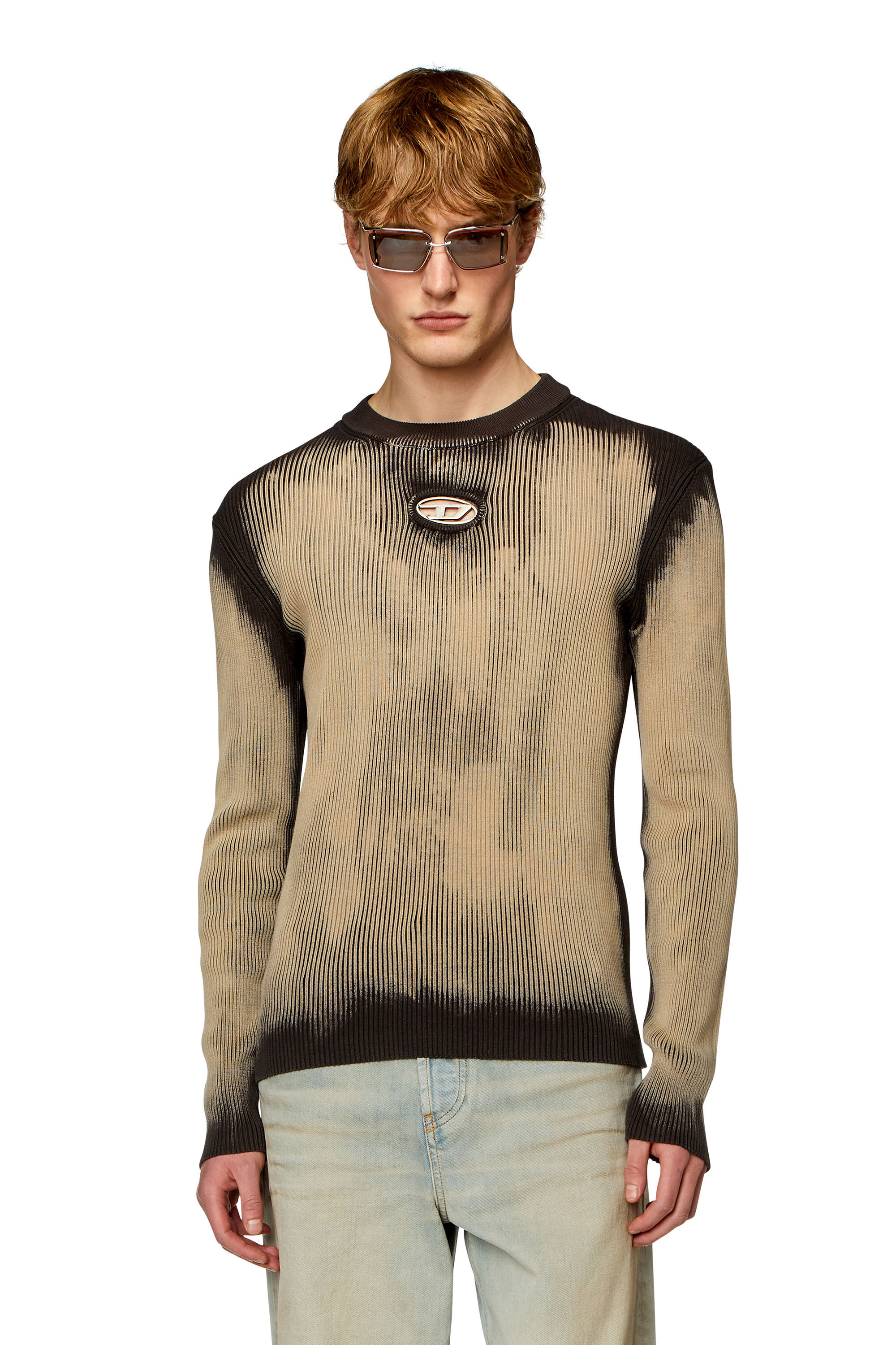 Herren Behandelter Pullover mit Logo-Intarsie aus Metall | Beige | Diesel