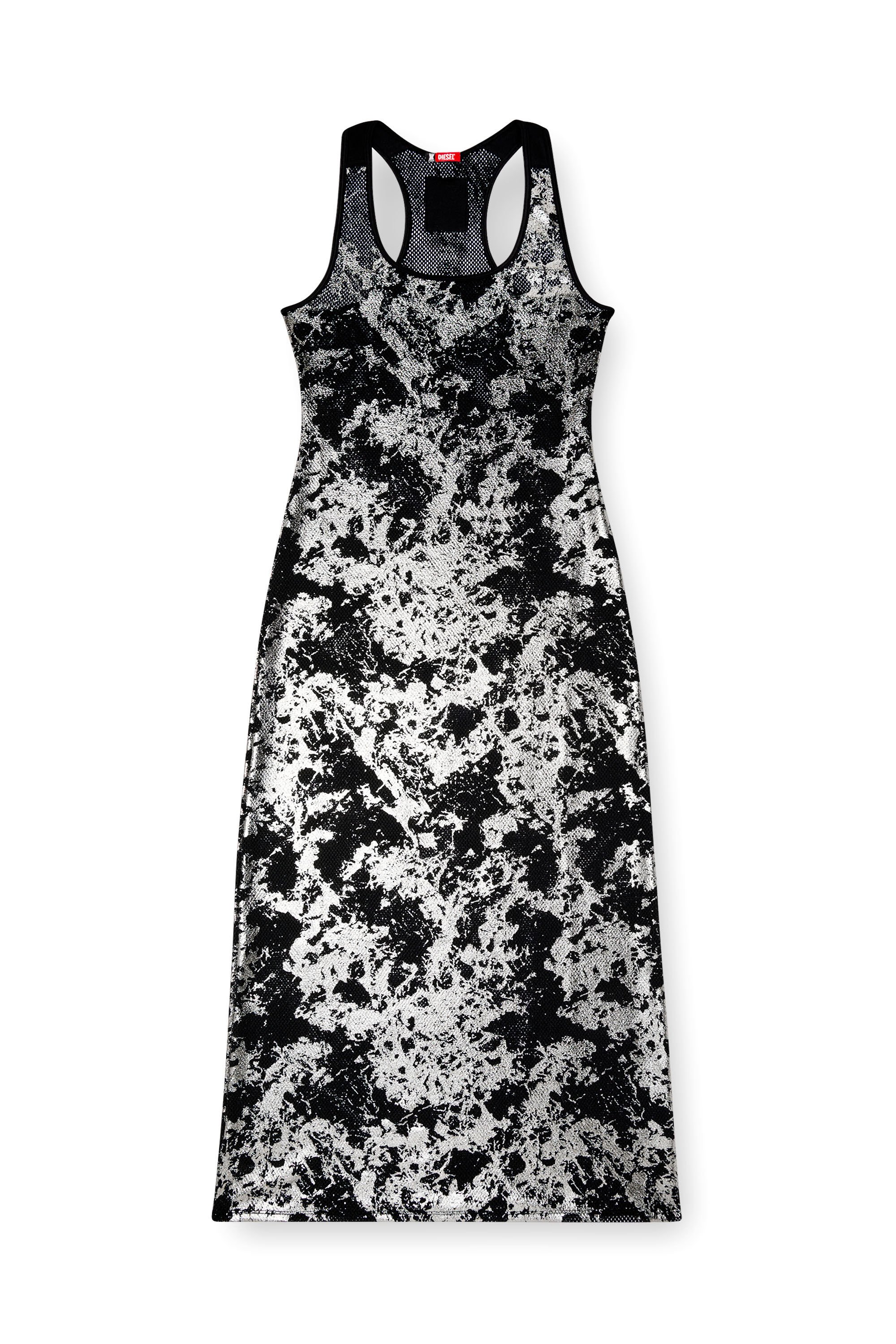 Diesel - C-FINISHNET-SLEEP-SLIP, Damen Langes Slipdress aus folienbeschichtetem Netzstoff in Schwarz/Silber - 2