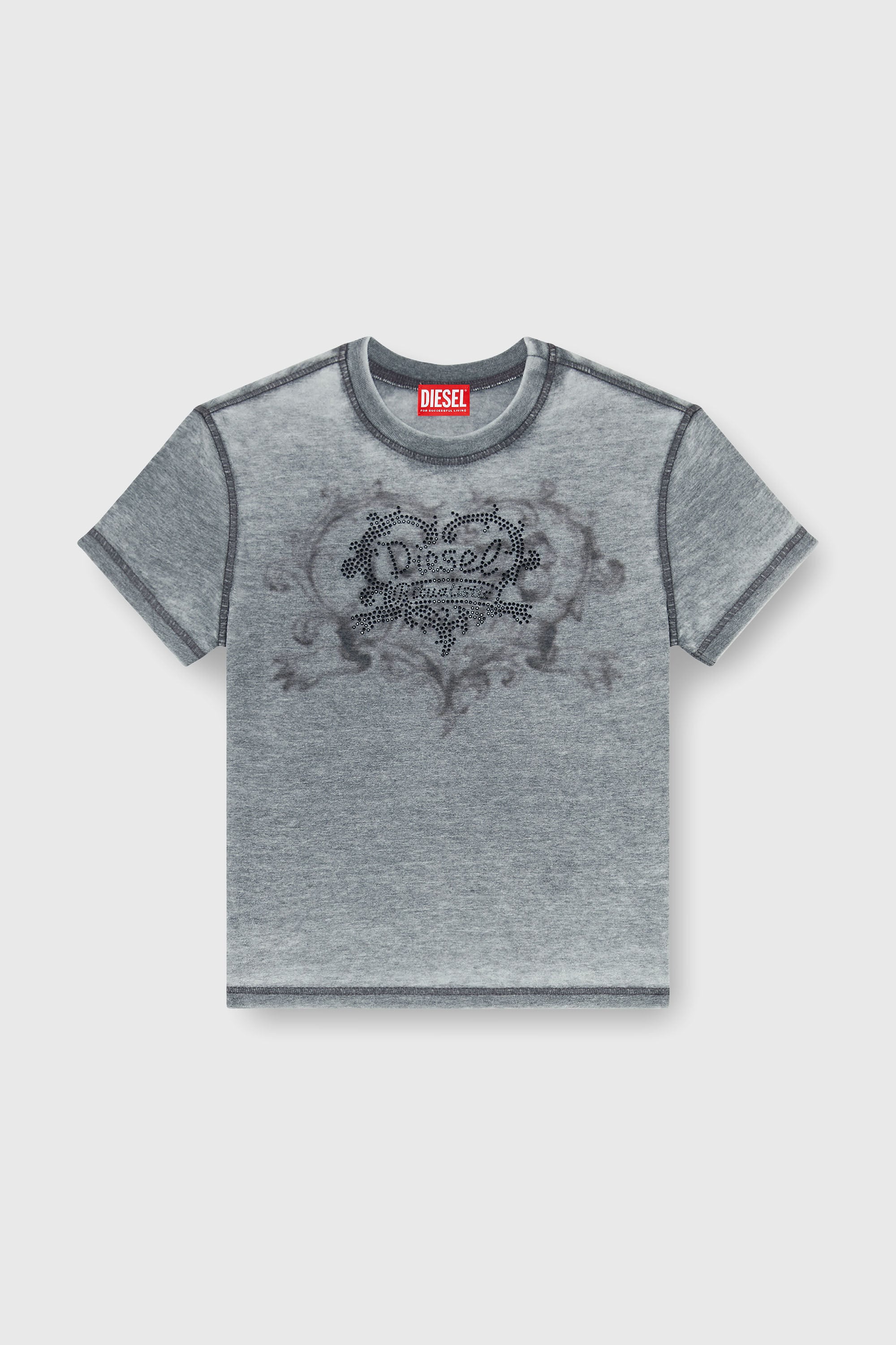Diesel - T-ILA-AA1, Damen Jersey-T-Shirt mit Strasssteinen und burnout effect in Grau - 2