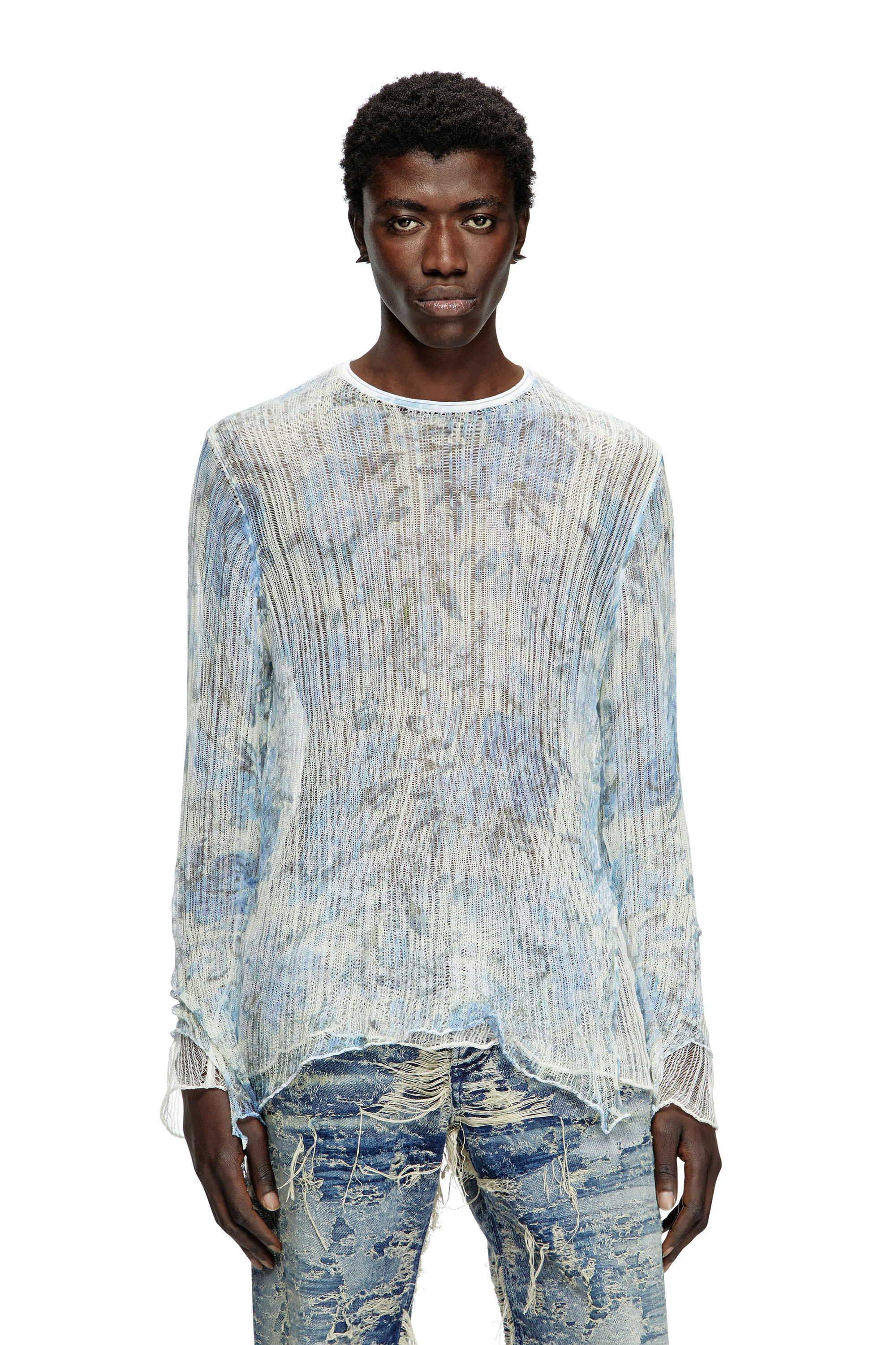 Diesel - K-AASMOS-A, Unisex Derangierter Strickpullover mit Blumen-Print in Hellblau - 3