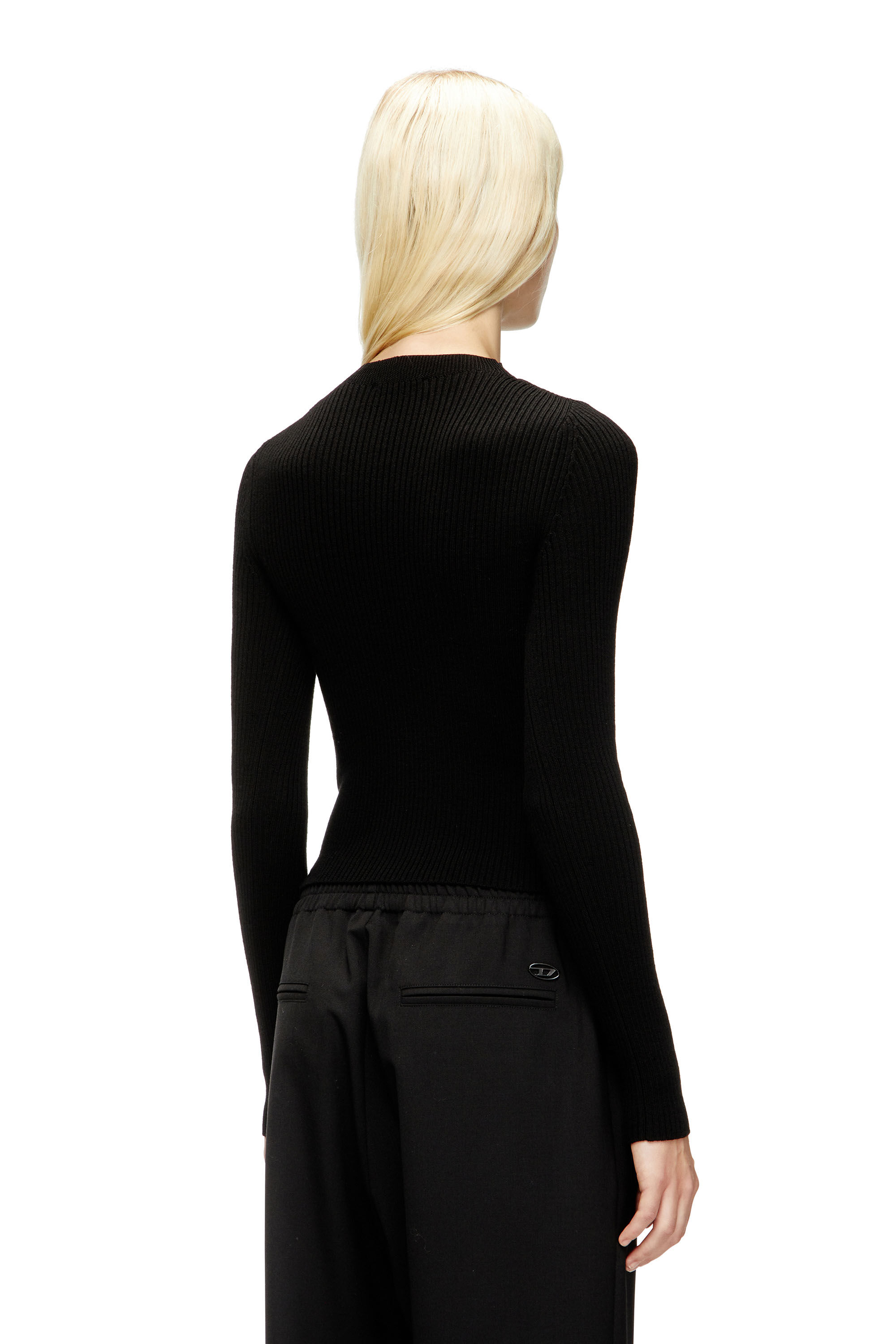 Diesel - M-OLINA, Damen Gerippter Pullover aus Wolle mit Ausschnitt in Schwarz - 4