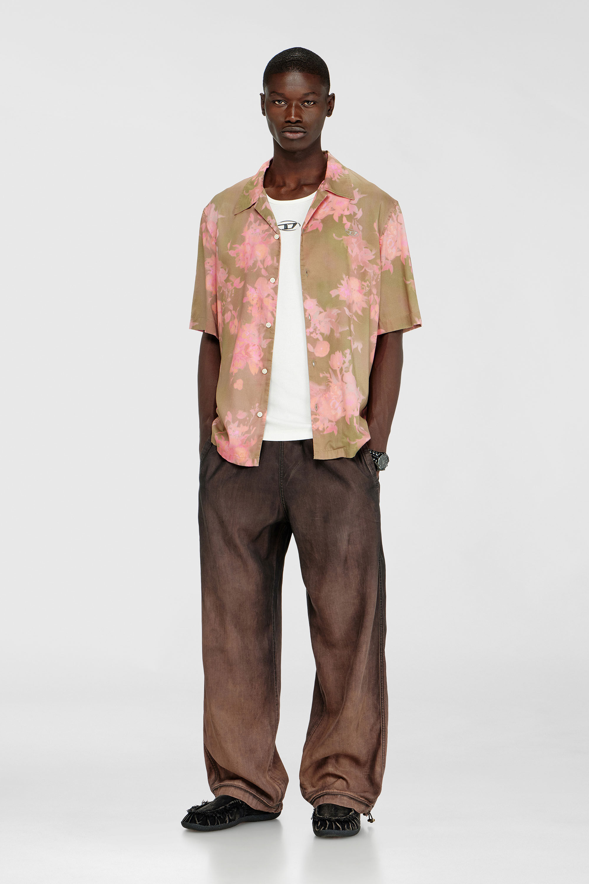 Diesel - S-BRAD-QMCE, Herren Lyocell-Hemd mit durchg&auml;ngigem Blumenmuster in Rosa/Braun - 1