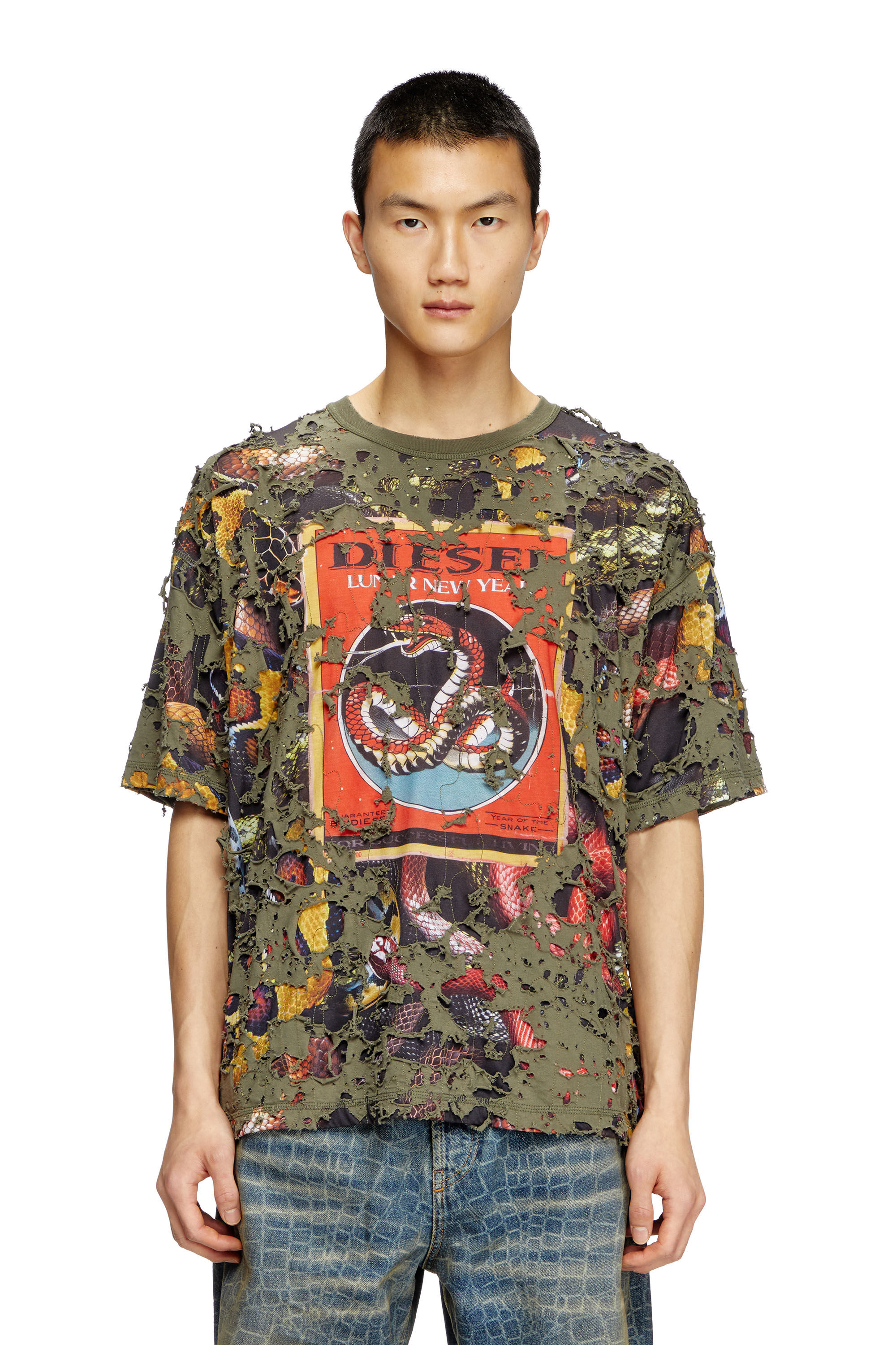 Diesel - CL-T-BOXT-DEVOR-SNAKE, Unisex T-Shirt mit Schlangen-Print und Destroyed-Overlay in Olivgrün - 3