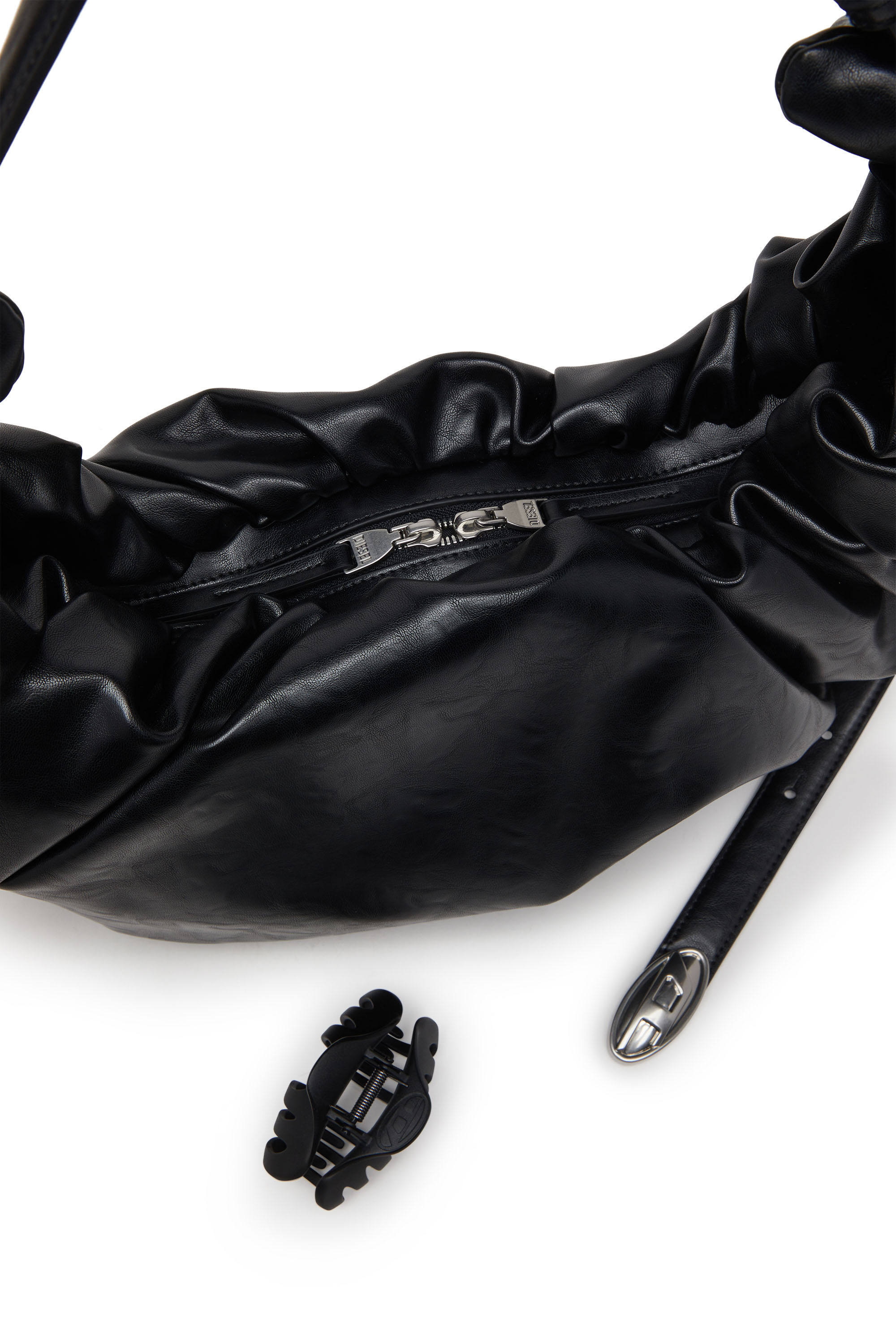 Diesel - GRAB-D HOBO L, Damen Große zerknitterte Hobo-Tasche aus glänzendem PU in Schwarz - 2