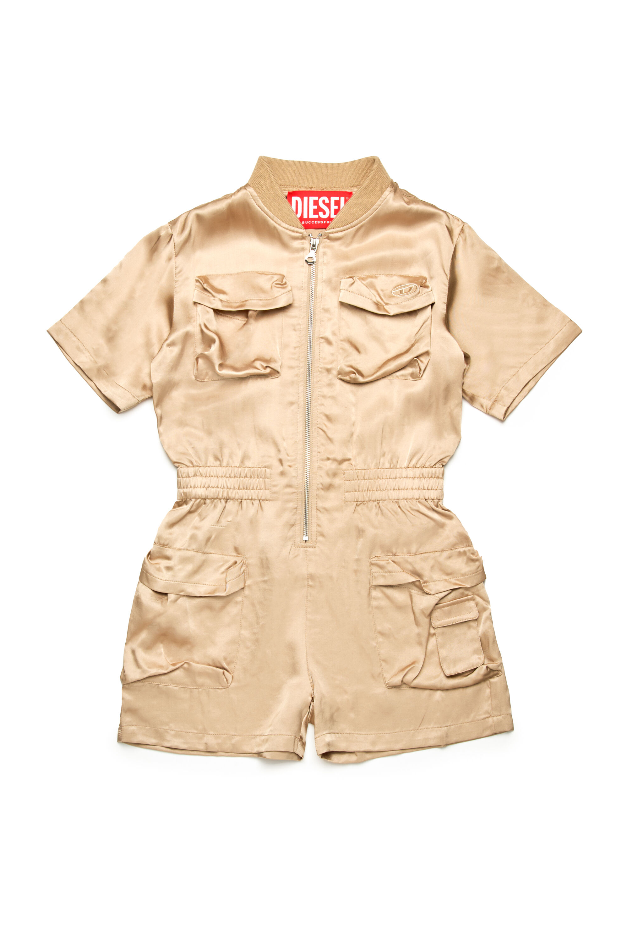 Diesel - JVENY, Damen Playsuit mit mehreren Taschen aus glänzendem Stoff in Hellbraun - 1