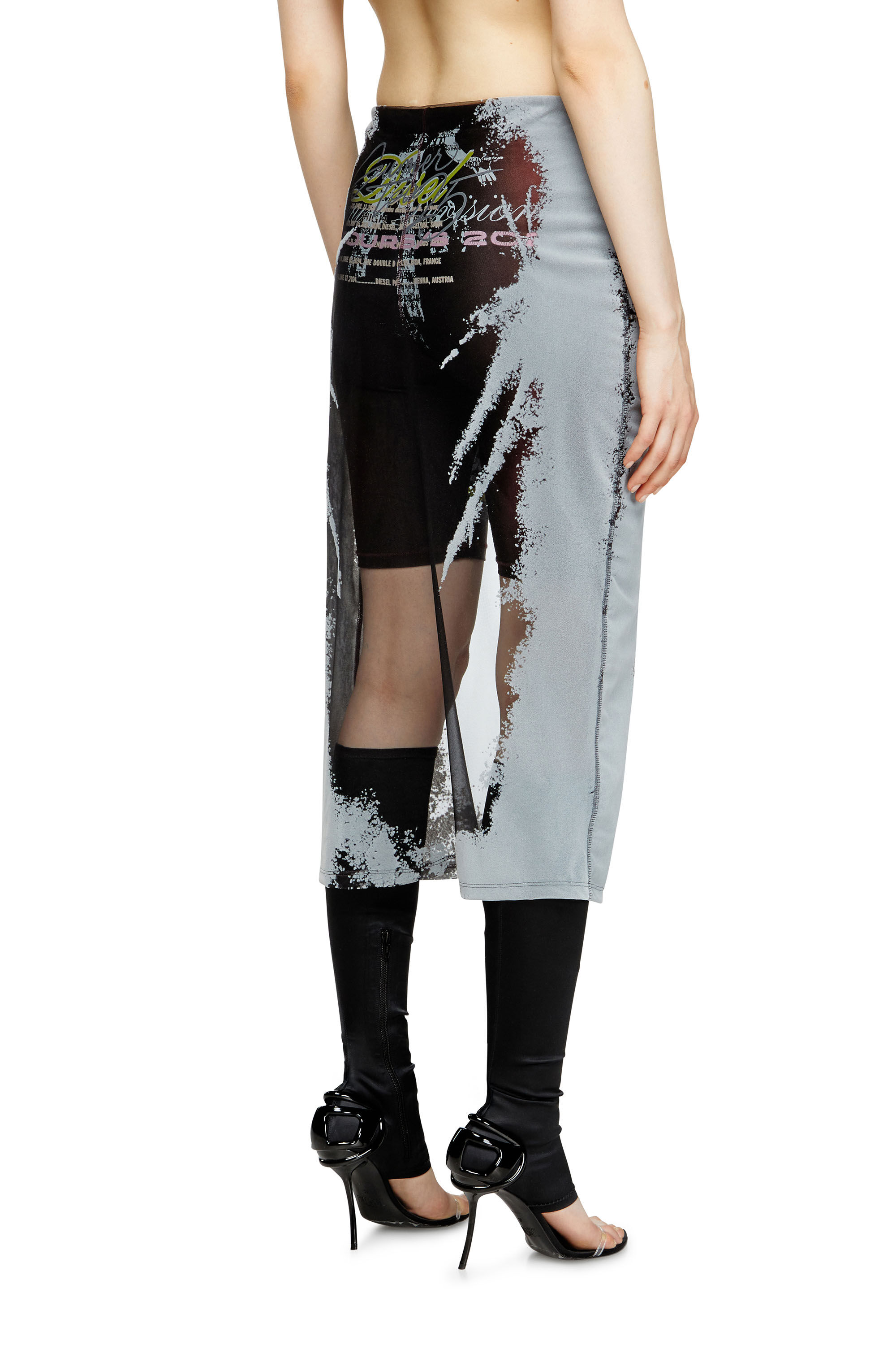 Diesel - O-LYAC, Damen Mehrlagiger Midi-Rock mit Text-Print in Schwarz/Grau - 4