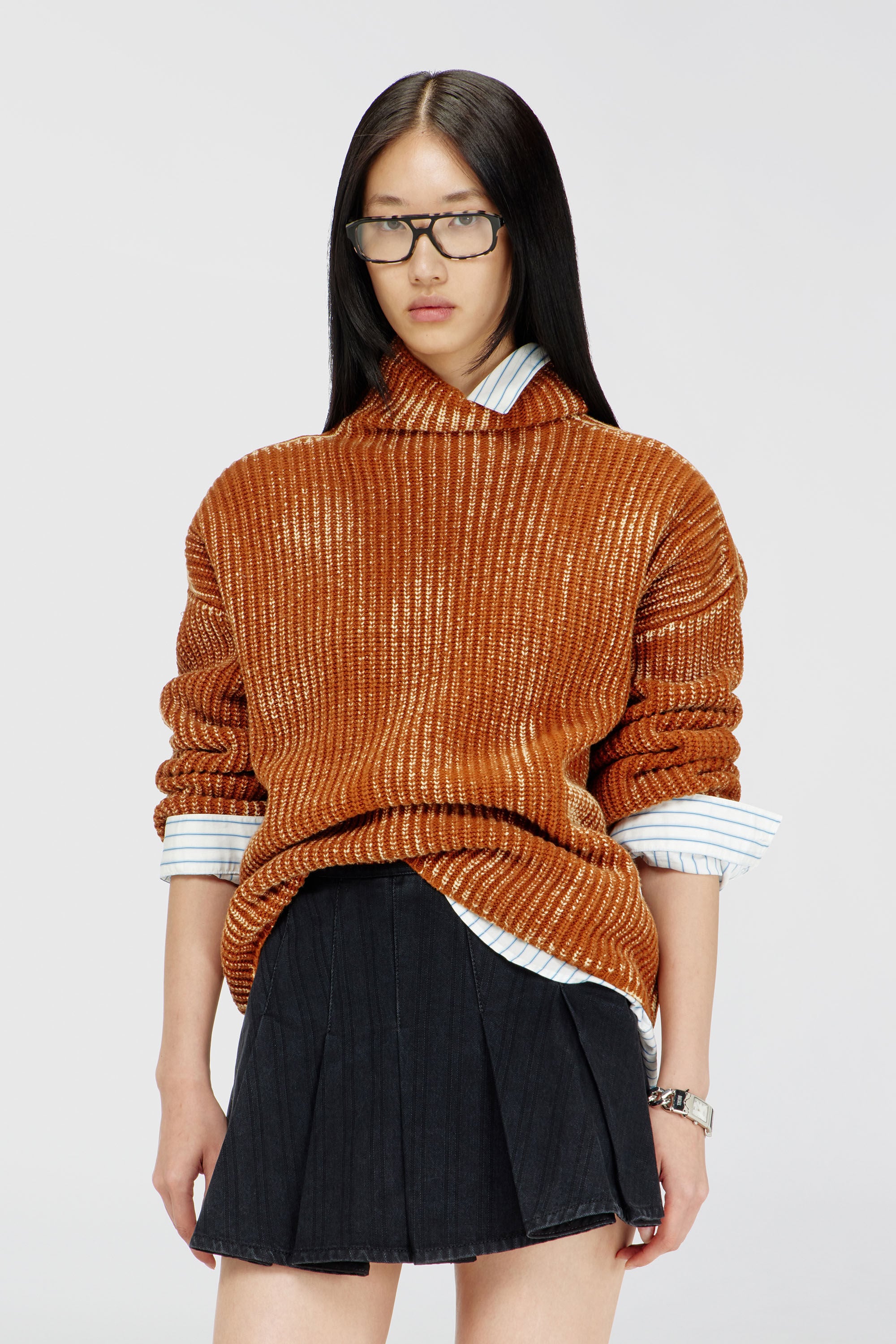 Diesel - M-AMET, Damen Pullover mit Funnelkragen aus gerippter Wollmischung in Braun - 3