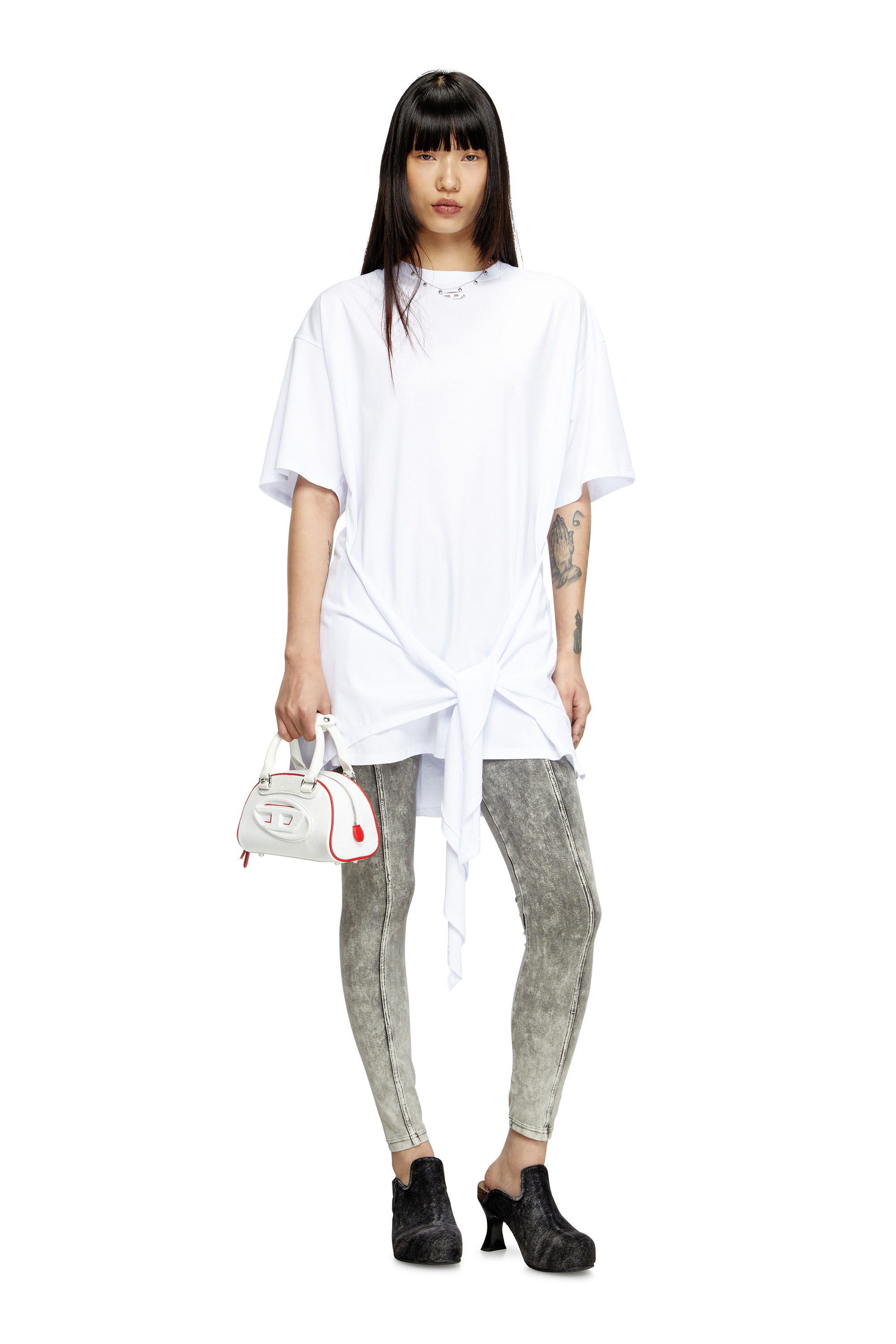 Diesel - D-EIVOR, Damen T-Shirt-Kleid mit Bindeband auf der Vorderseite in Weiß - 1