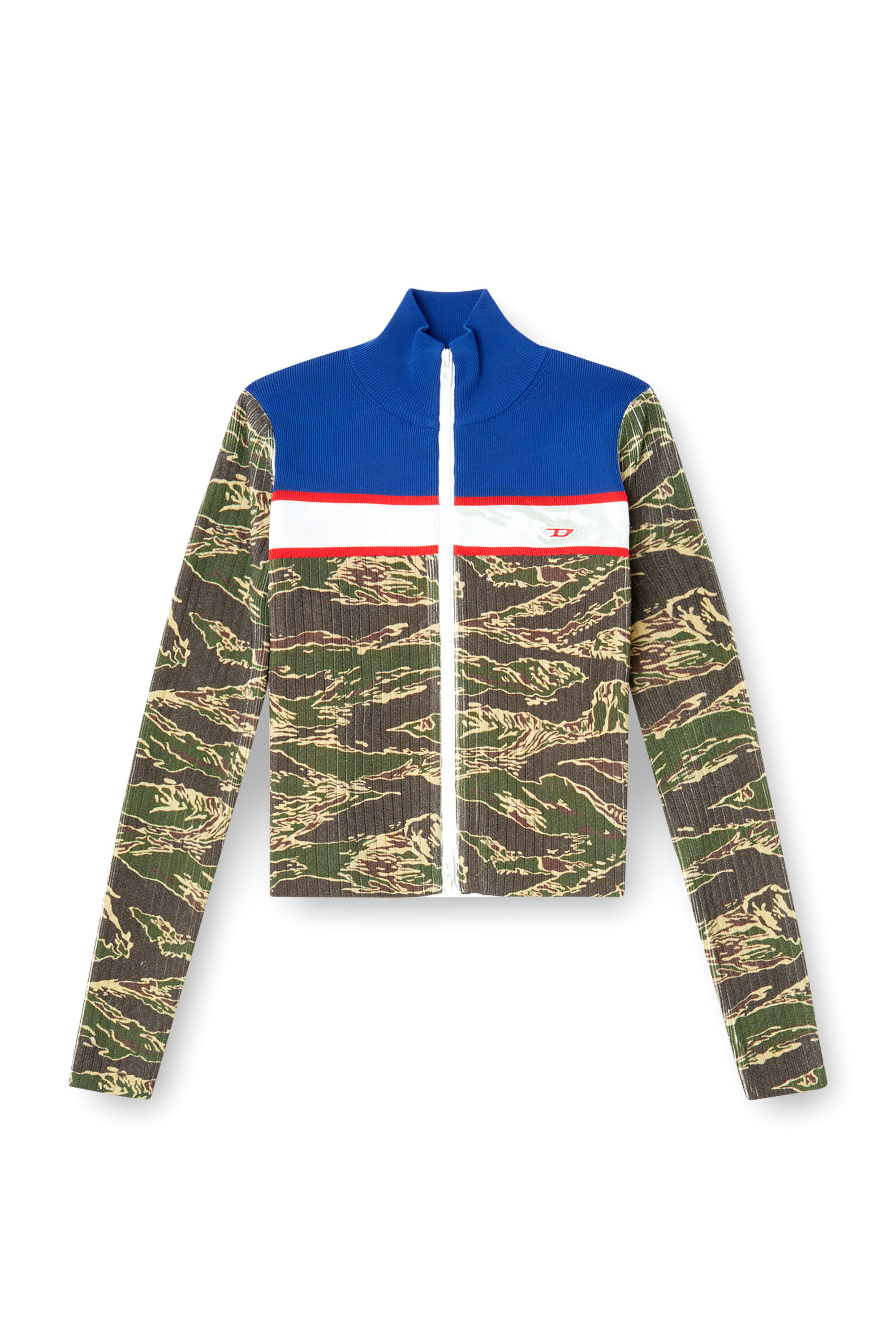 Diesel - M-CAMUT, Damen Pullover aus gerippter Viskose mit Camo-Reißverschluss in Blau/Grün - 2