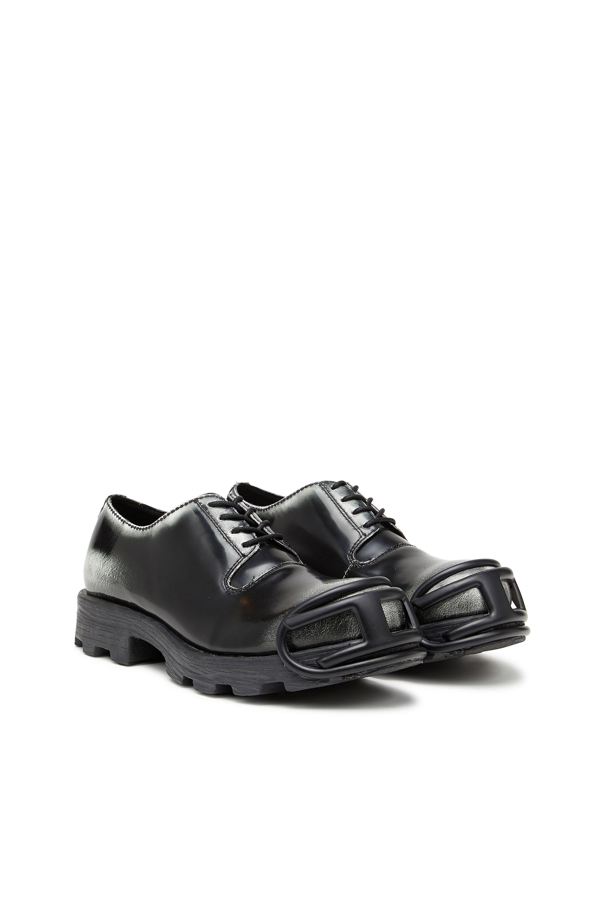 Diesel - D-HAMMER SO D, Herren D-Hammer-Derby-Schuhe aus glänzendem zweifarbigem Leder in Schwarz/Weiss - 2