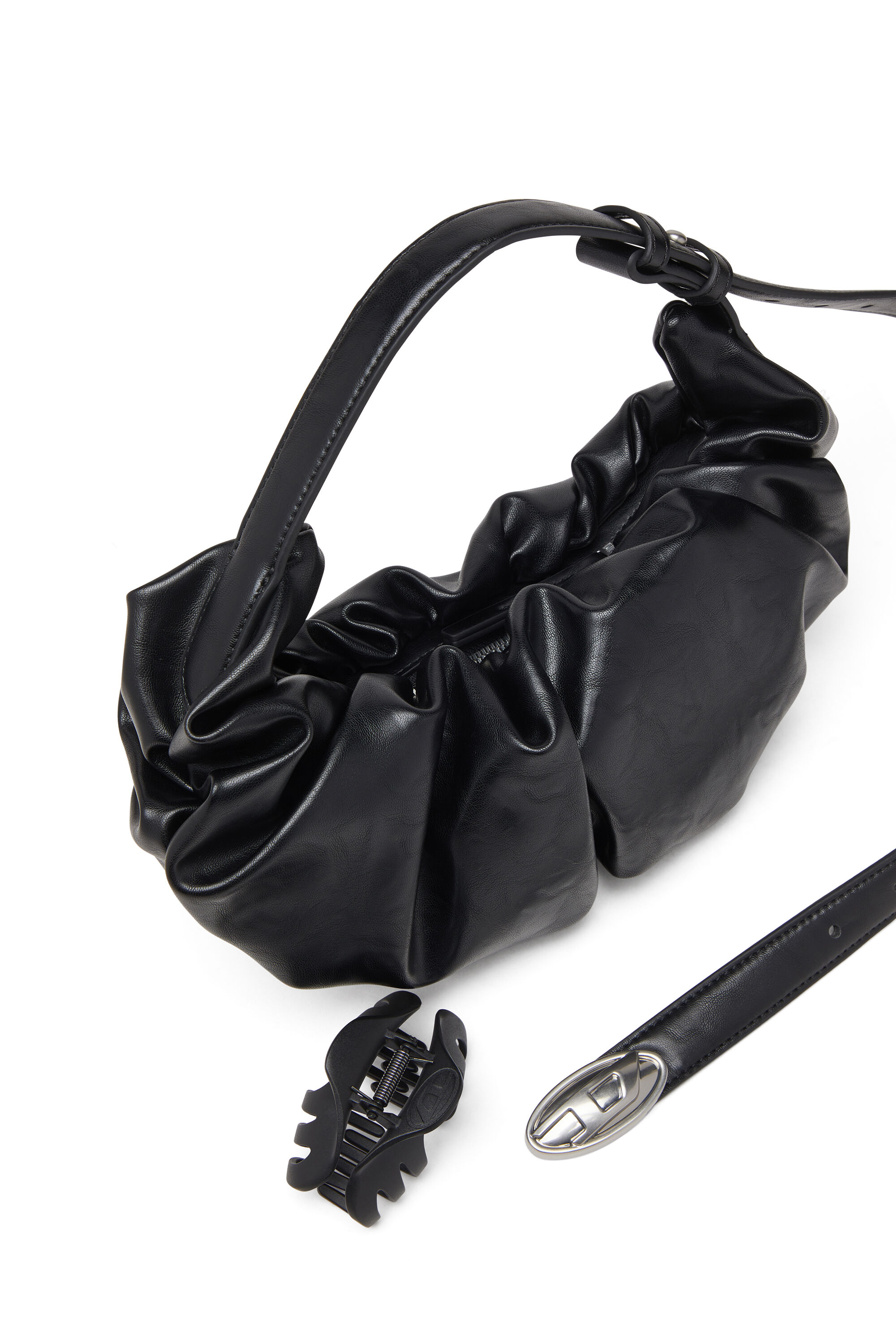 Diesel - GRAB-D HOBO S, Damen Kleine zerknitterte Hobo-Tasche aus glänzendem PU in Schwarz - 5