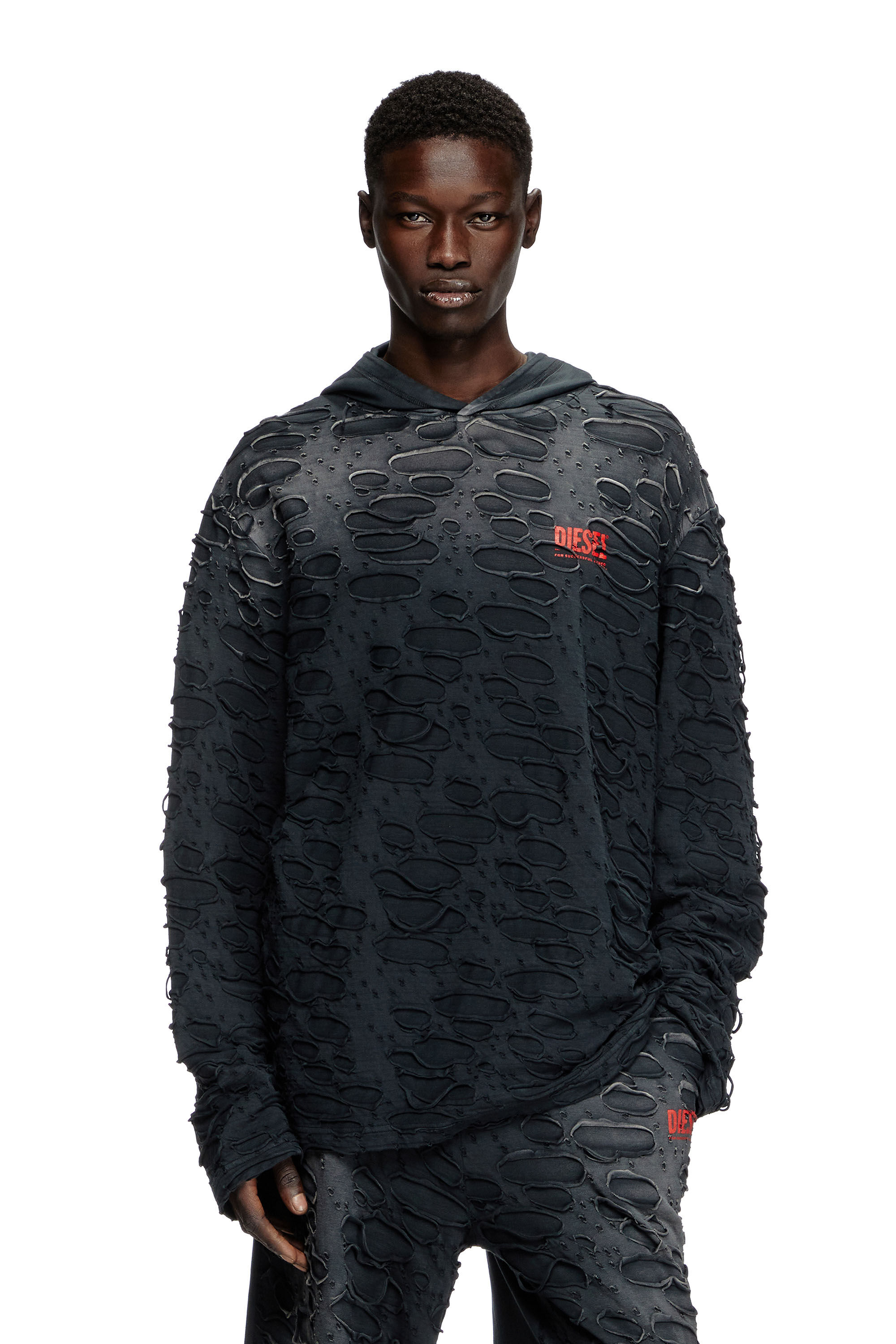 Diesel - T-CRANE-LS-HOOD, Herren Langarm-T-Shirt mit Kapuze und Löchern in Schwarz - 3