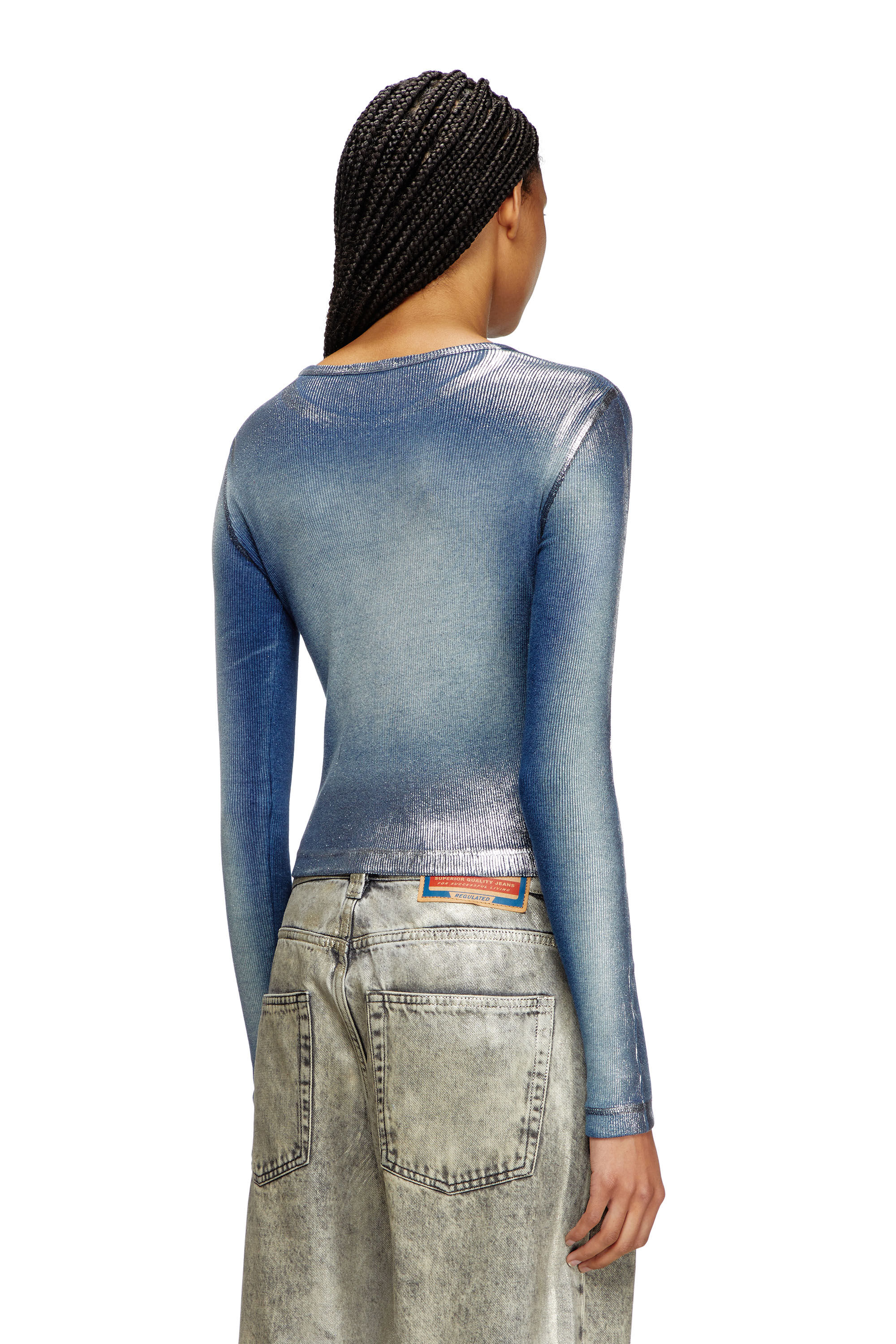 Damen Verblasstes Langarm-Metallic-T-Shirt | Blau | Diesel