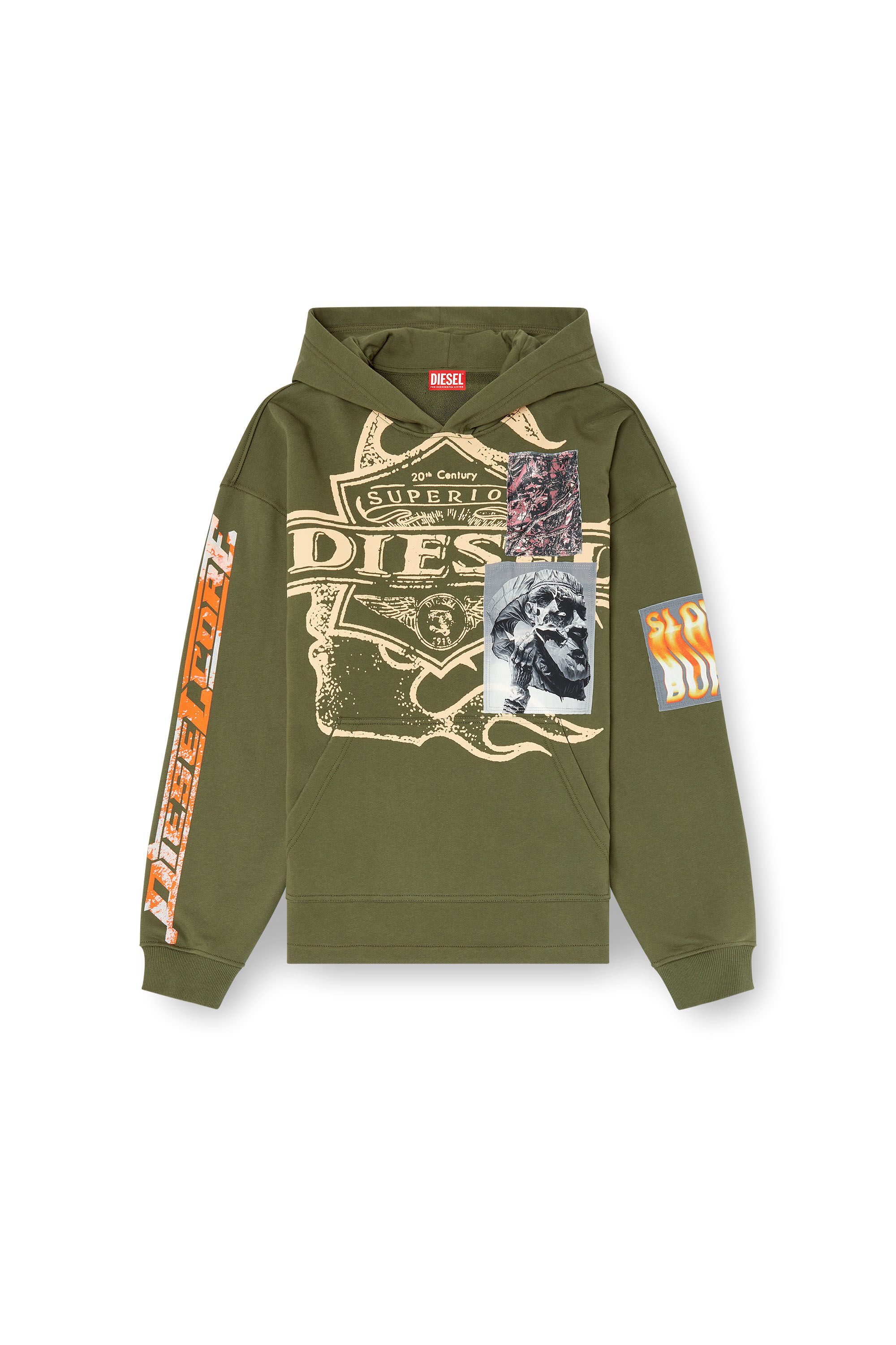 Diesel - S-BAXT-HOOD-R1, Man's Hoodie with prints and logo patches in Olive Green - 2